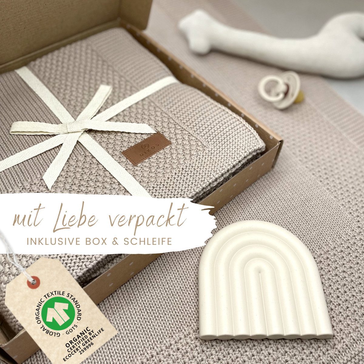 Babydecke DIKOS® Kuscheldecke Bordüre *100%* Bio Baumwolle, Geschenk zur Geburt, DIKOS, Strickdecke 75×100, Baby Erstausstattung Neugeborene, Babygeschenk