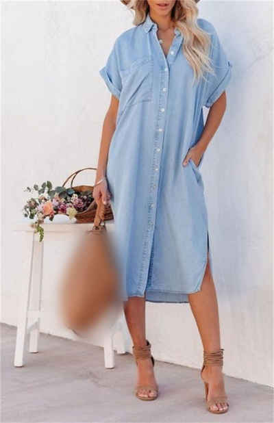 AFAZ New Trading UG Dirndl Modischer Denim-Kurzarmrock mit langem Schlitz Exquisites einfarbiges Hemdkleid für Damen