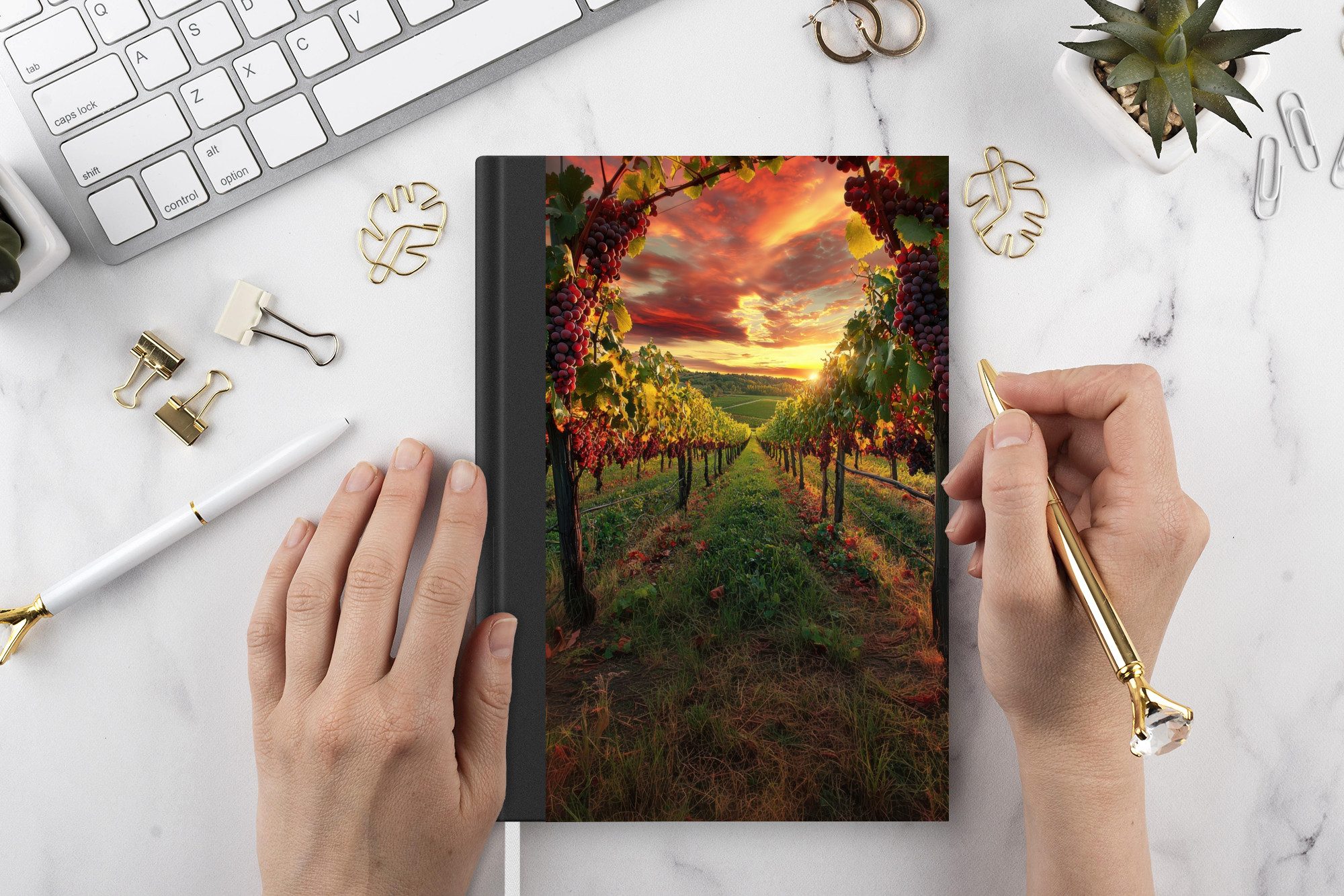 MuchoWow Notizbuch Weinberg - Weintrauben - Sonnenuntergang, Notebook, Notizblock a5, Tagebuch, Journal Liniert