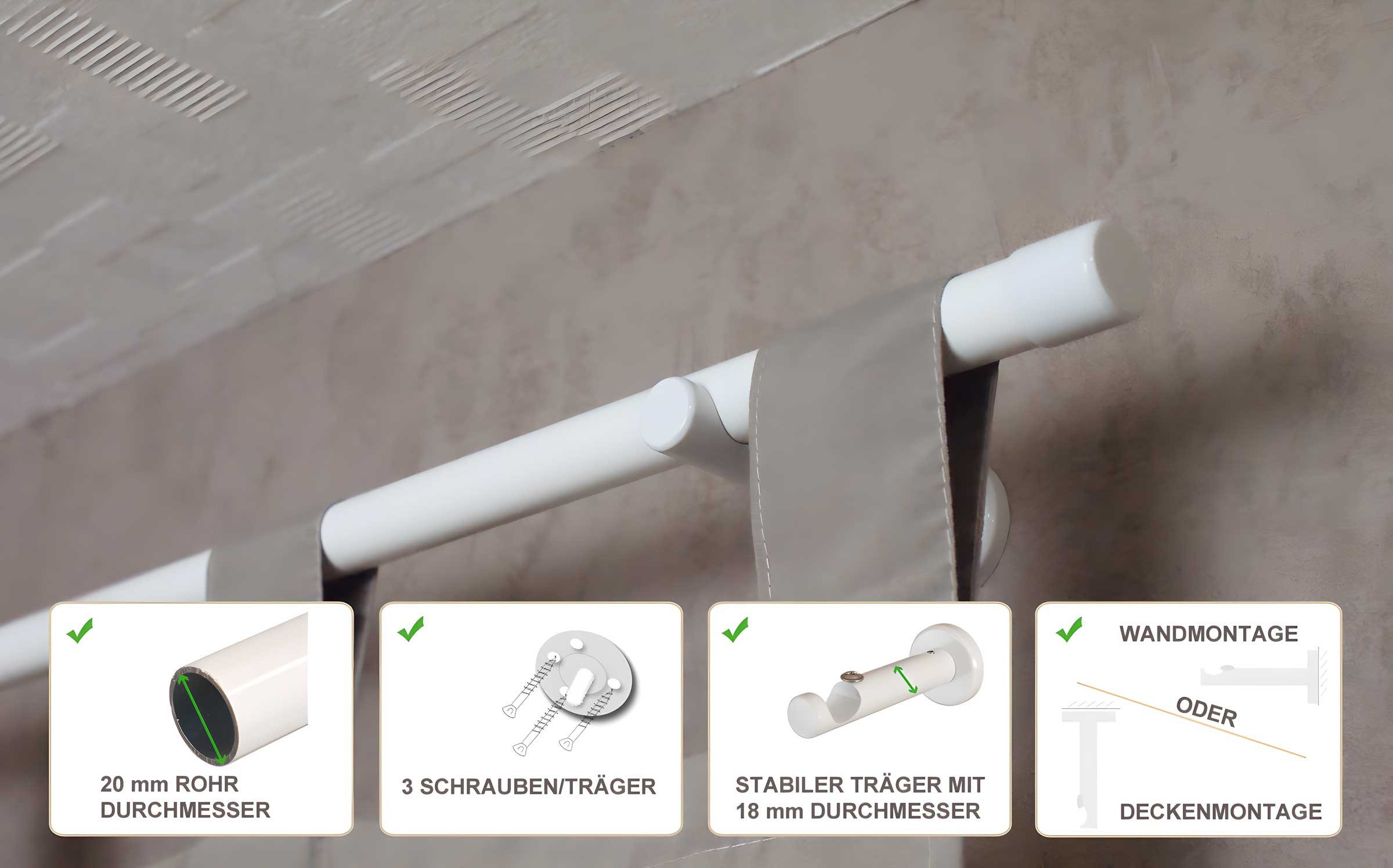 iso-design Gardinenstange 20 mm Schwarz oder Weiss Endstück Kappe Wand- oder Deckenmontage, Ø 20 mm, 1-läufig, Fixmaß, verschraubt, Metall, Gardinenstange aus Aluminium