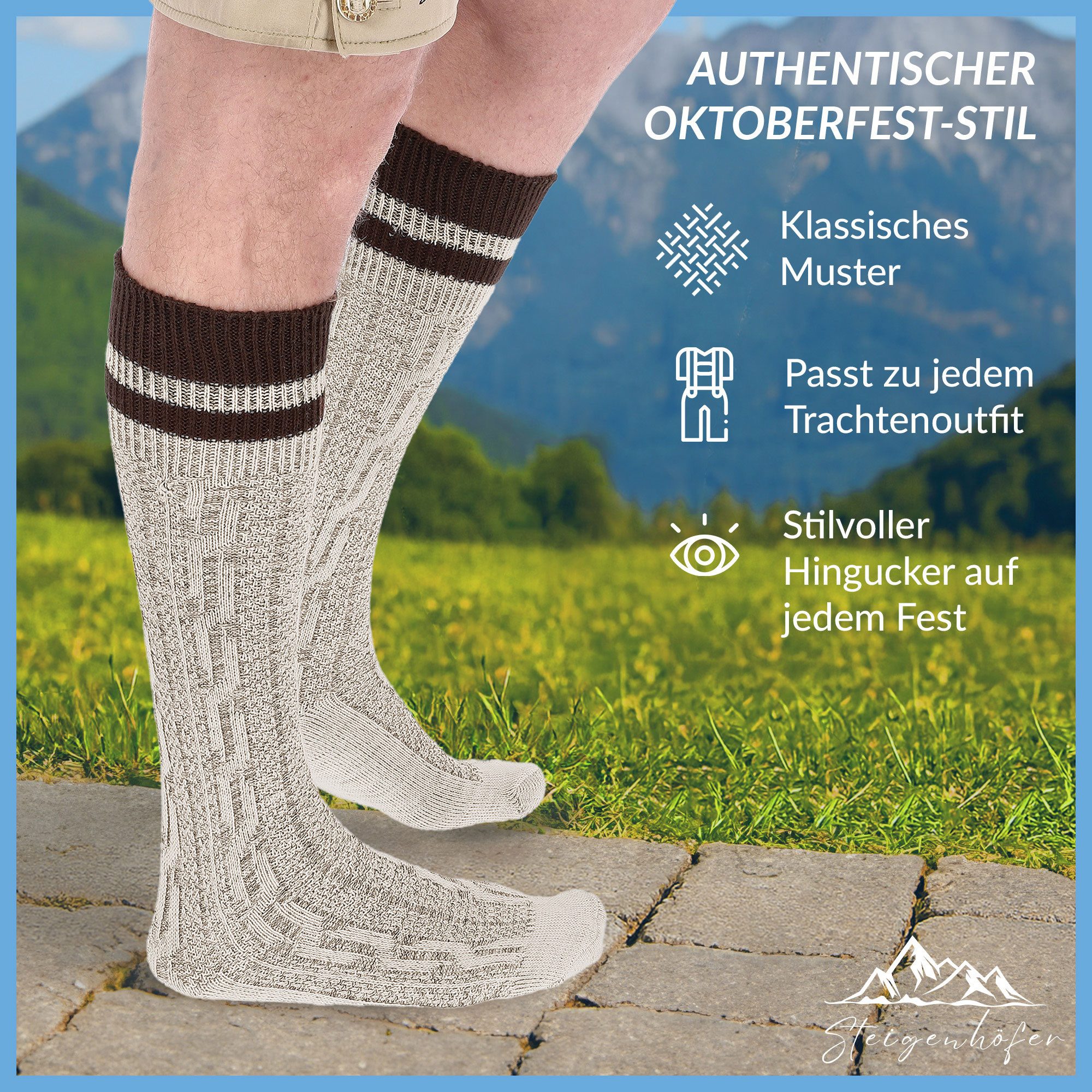 Steigenhöfer Manufaktur Trachtensocken für Herren und Damen – Socken mit Zopfmuster und Steifen Oktoberfest Strümpfe aus Baumwolle für Männer & Frauen