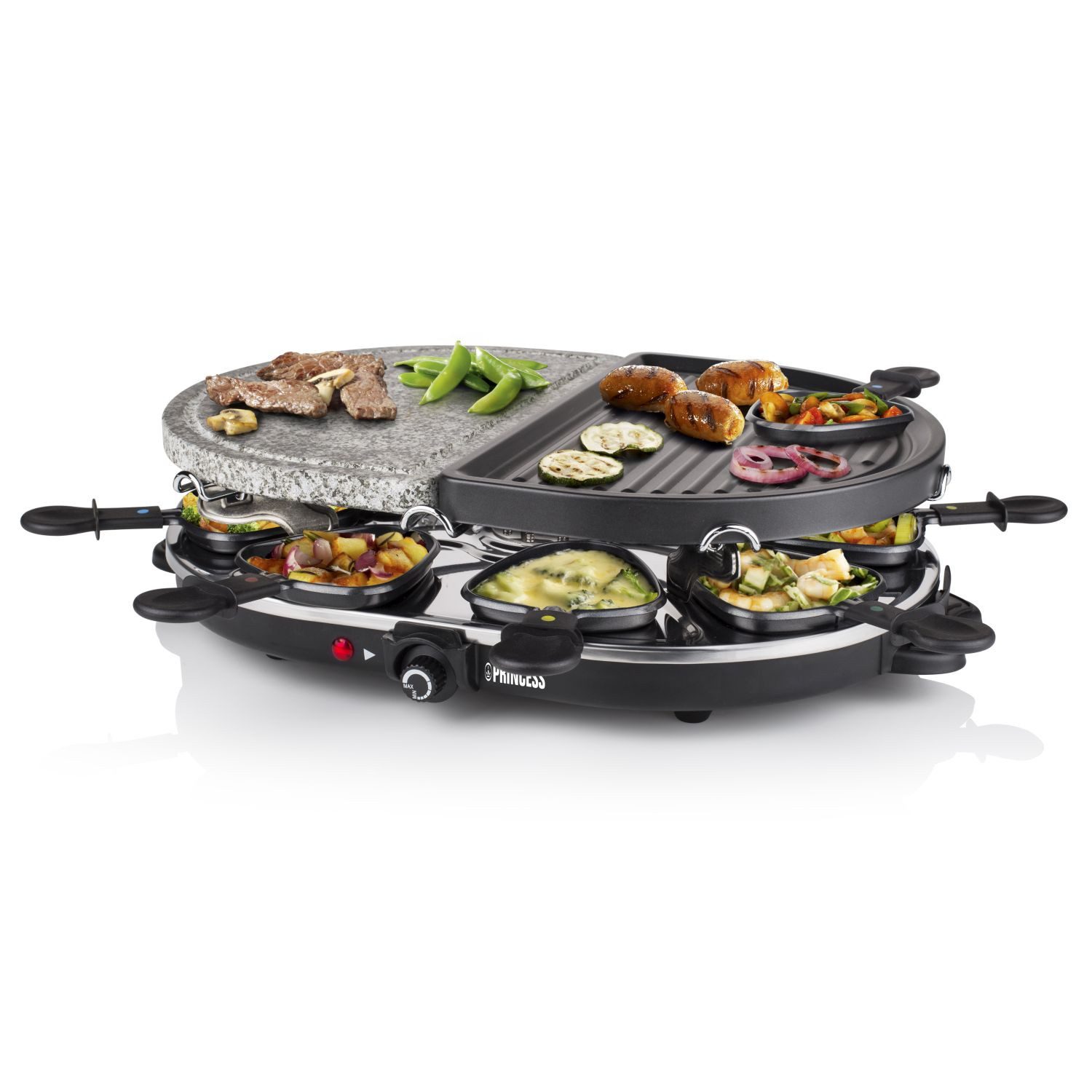 PRINCESS Raclette Princess 162710 Oval Stone Grill Party Raclette – Steingrill/Raclette-, 8 Raclettepfännchen, Grillplatte und Steingrillplatte 43 x 30 cm
