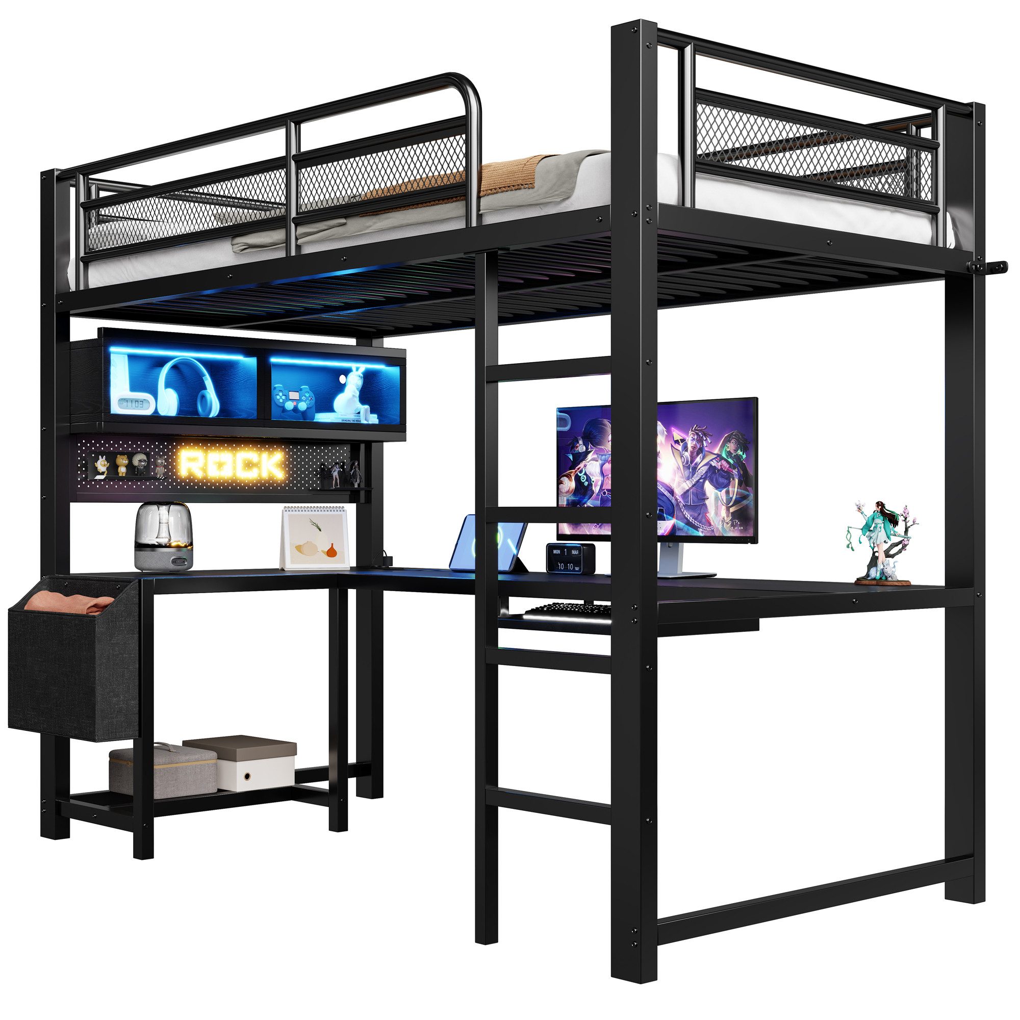 REDOM Hochbett Kinderbett mit Schreibtisch (Tastaturablage, Staufächern, LED-Beleuchtung und Ladestation, Schwarz/Weiß, 1-St., 90x200cm)