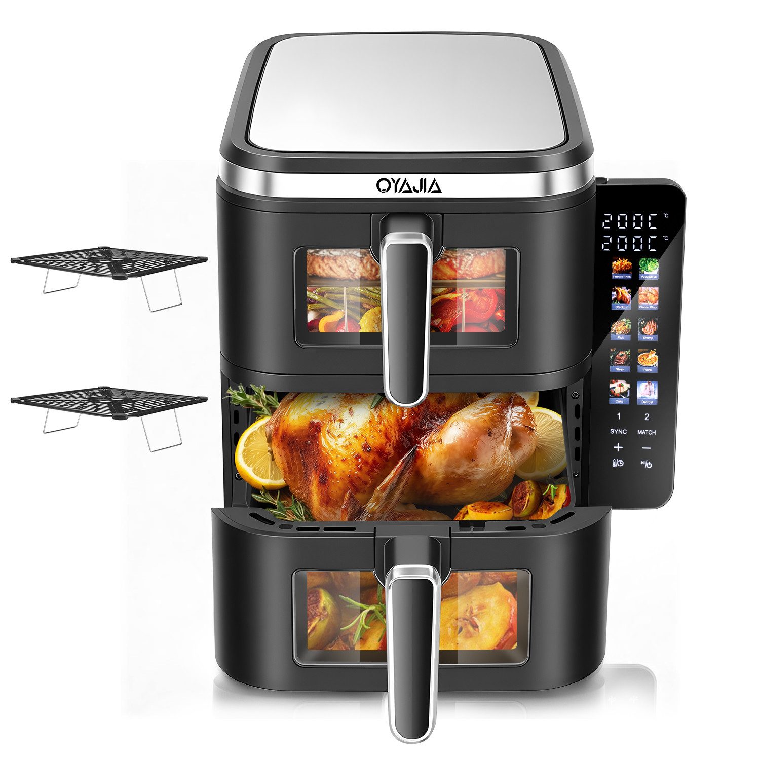 oyajia Heißluftfritteuse Heißluftfritteuse Doppelkammer, 11 Liter DUAL ZONE, Sichtfenster, mit Beleuchtung, 4 Kochstufen, 2 Körben, 2 Rosten, platzsparendes Design, 10 Kochfunktionen, 2800,00 W, Faltbares Digitales Farbdisplay, Synchro-Funktion