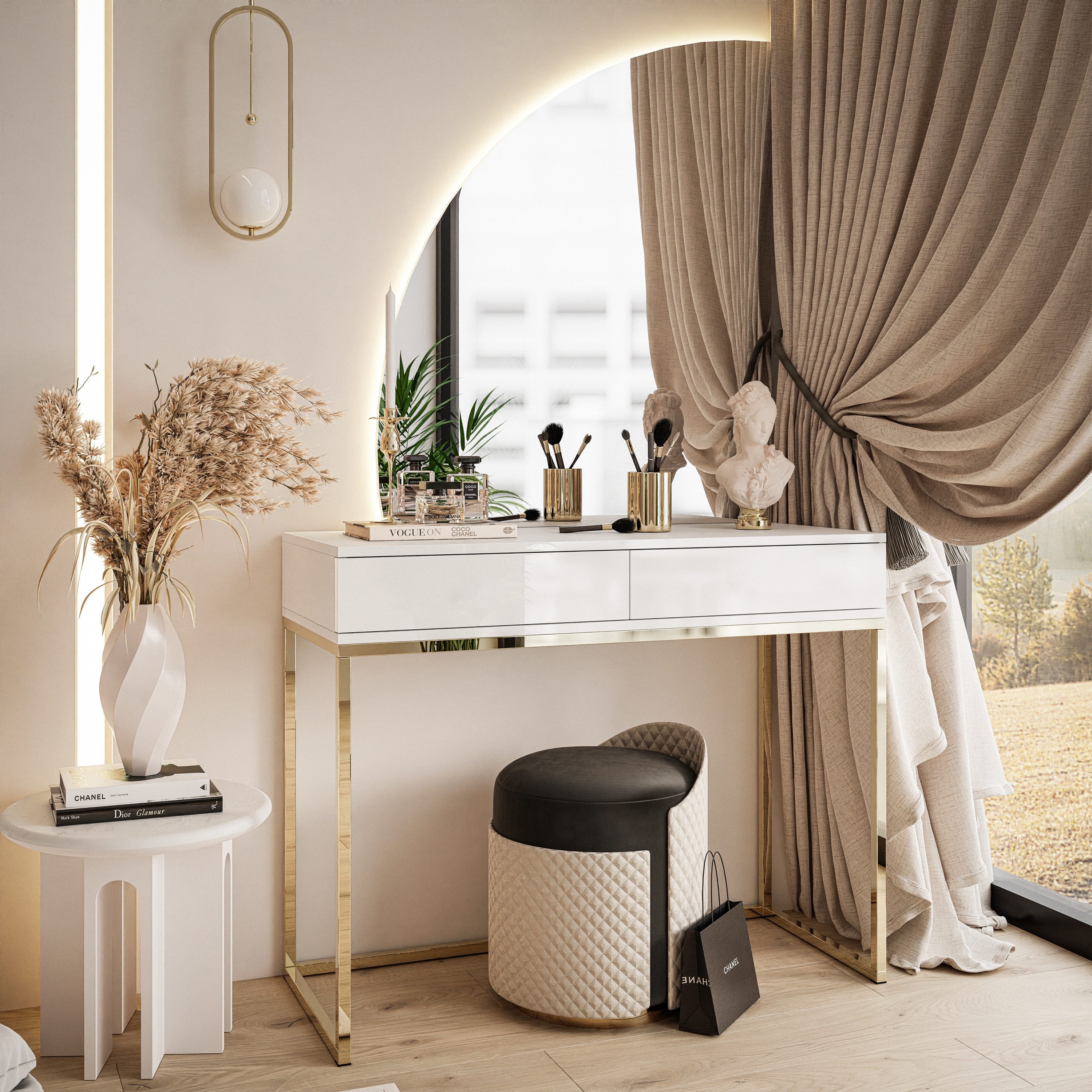 Lookway Schminktisch QUINNIE Weiß mit Goldchrom-Gestell günstig online kaufen