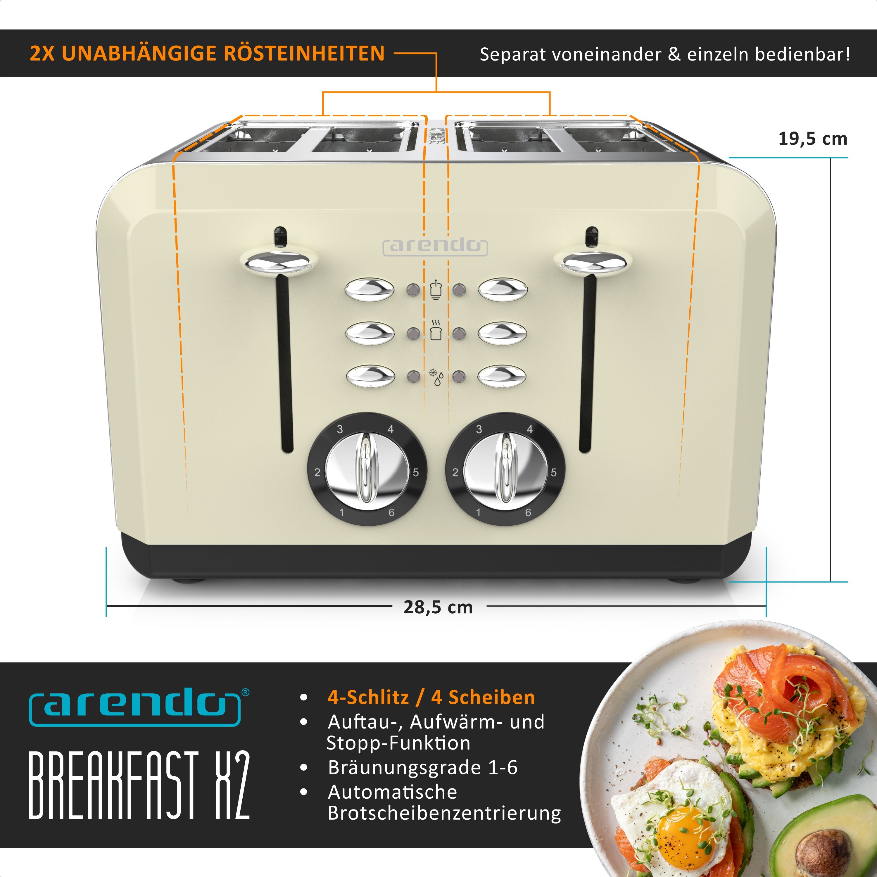 Arendo Toaster, kurze Automatik, 4 4 Edelstahl, für W, Schlitze, Scheiben, Doppelwandgehäuse Wärmeisolierendes beige 1630