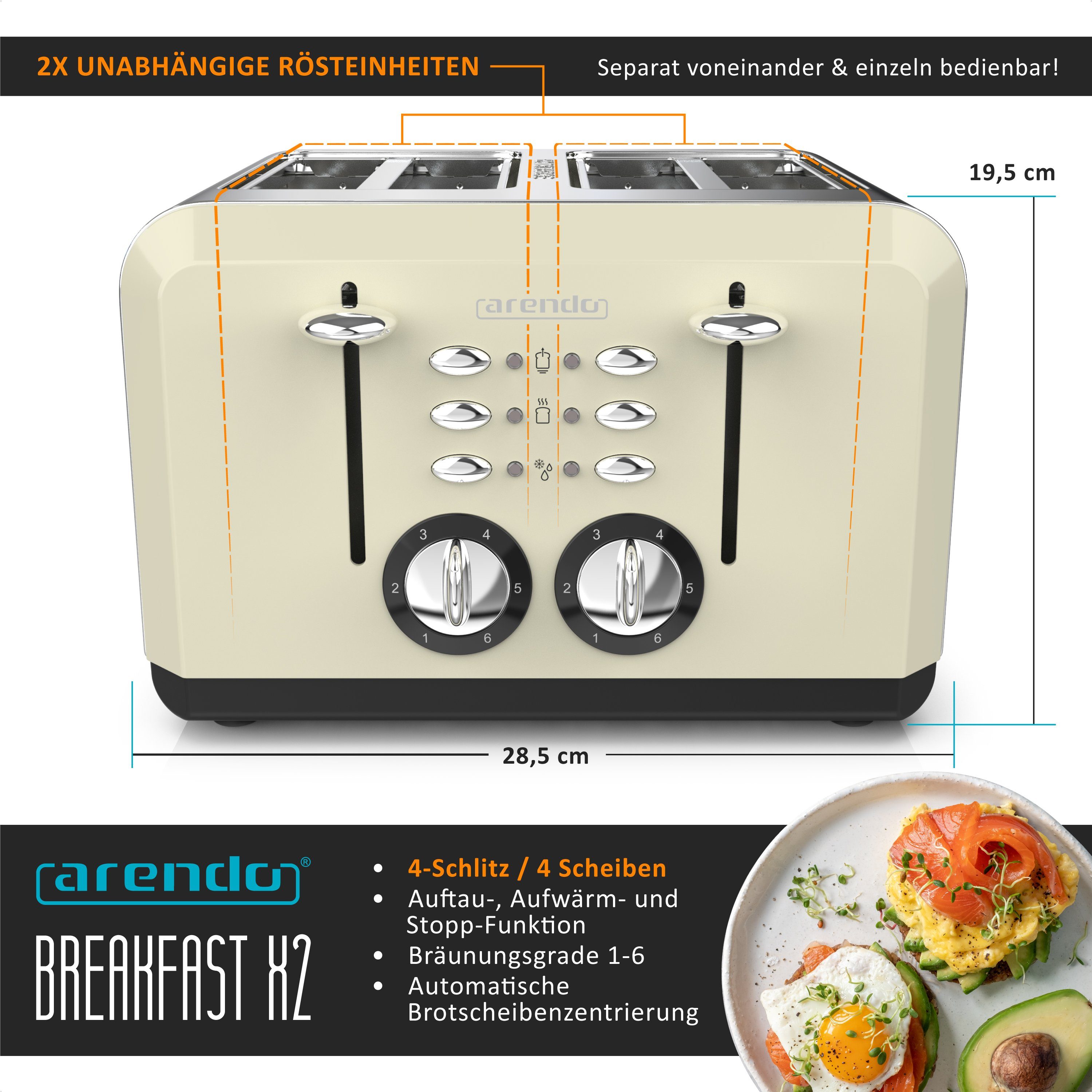 Arendo Toaster 4-Scheiben, Edelstahl Automatik, Wärmeisolierendes Doppelwandgehäuse, 4 kurze Schlitze, für 4 Scheiben, 1630 W, Bräunungsgrad 1-6, Aufwärm- & Auftaufunktion, GS-zertifiziert