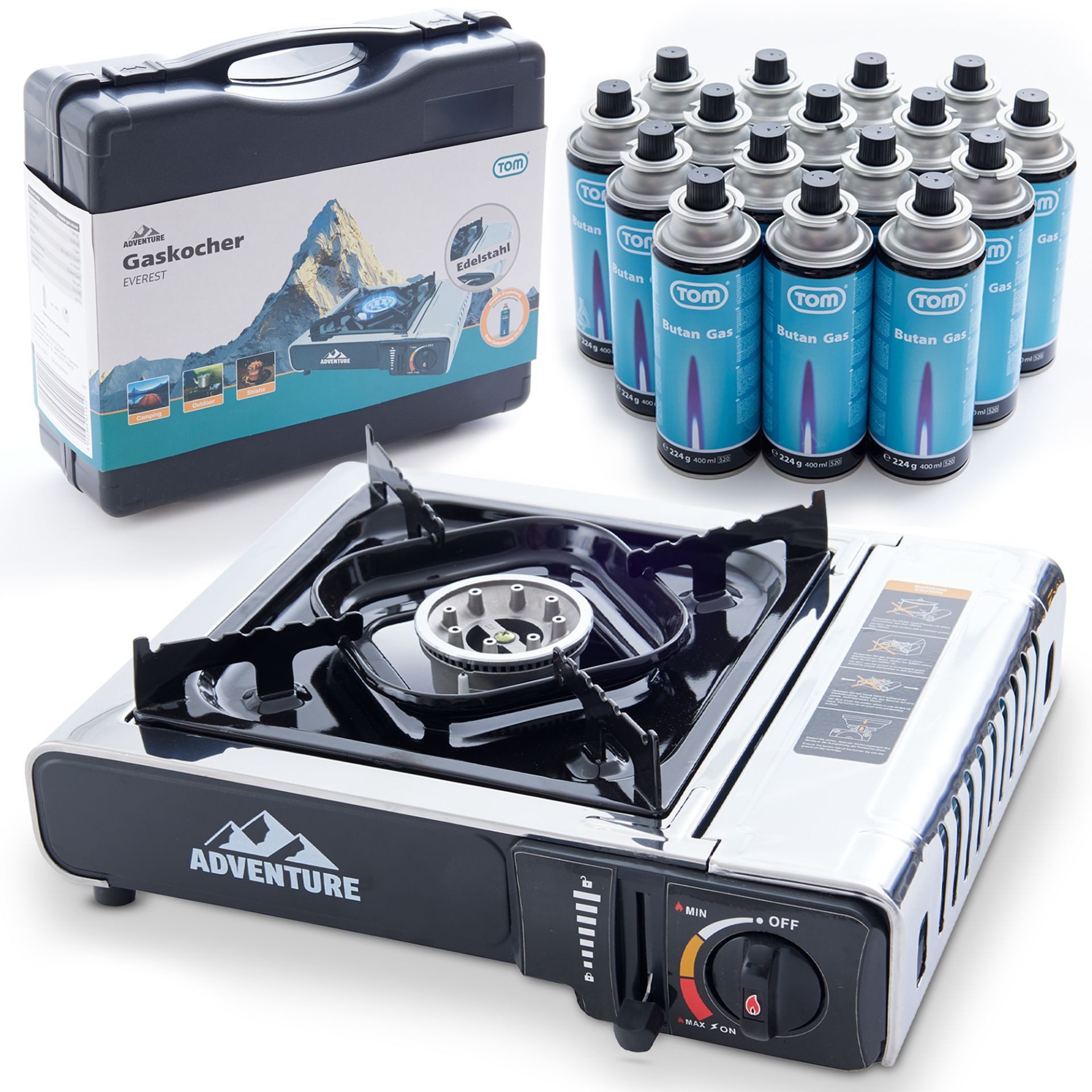 TOM Gaskocher Campingkocher Edelstahl mit 227g Gaskartuschen und Box 2,2kW, (17-St), Piezozündung, Stufenlos Regulierbar, verschiedene Sets