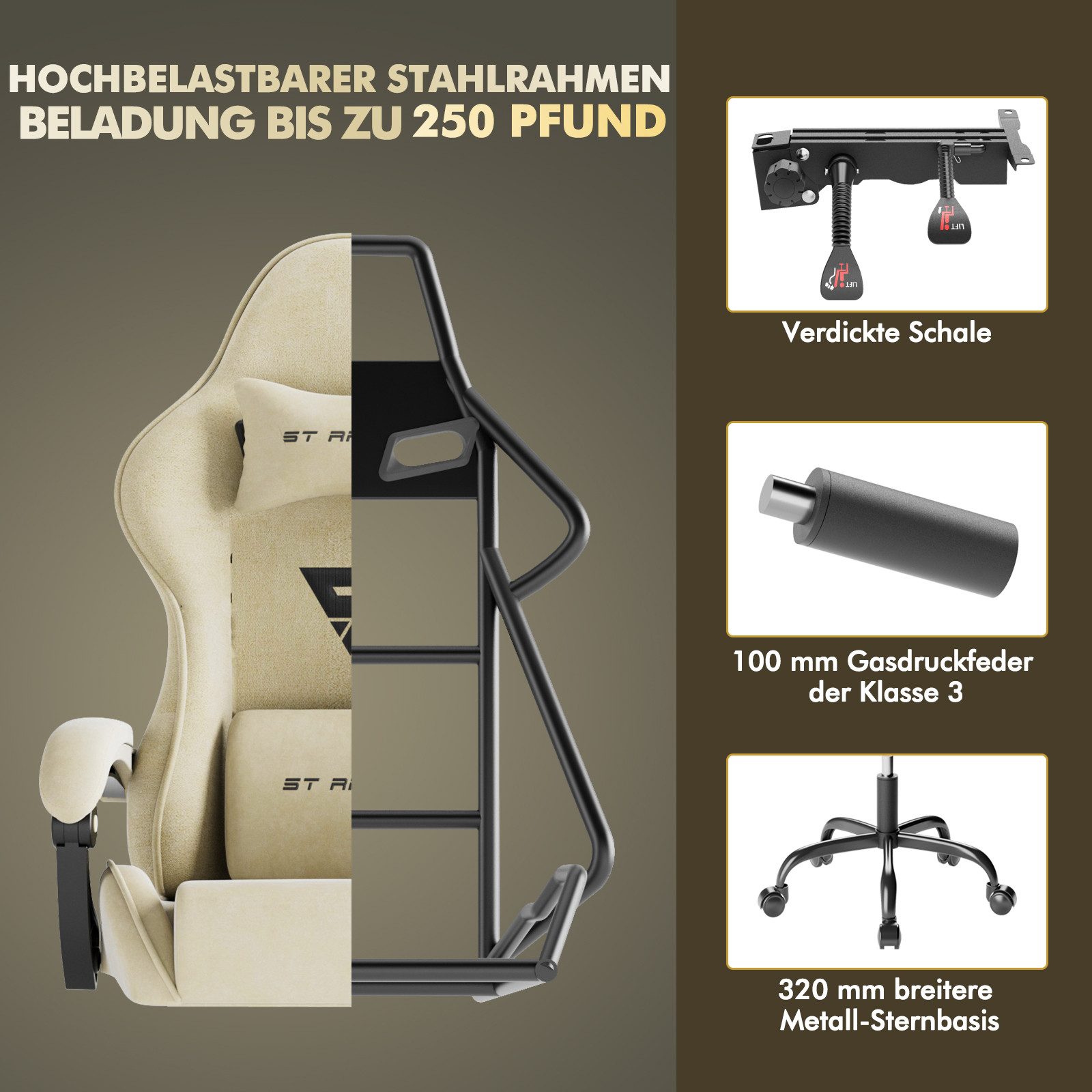 Ferghana Gaming-Stuhl Gaming-Stuhl: Kopfstütze, Lendenkissen, Armlehnen, Fußstütze (Packung), Ergonomischer PC-Stuhl,Rückenlehne 90°-125° – Bild 5 von 5