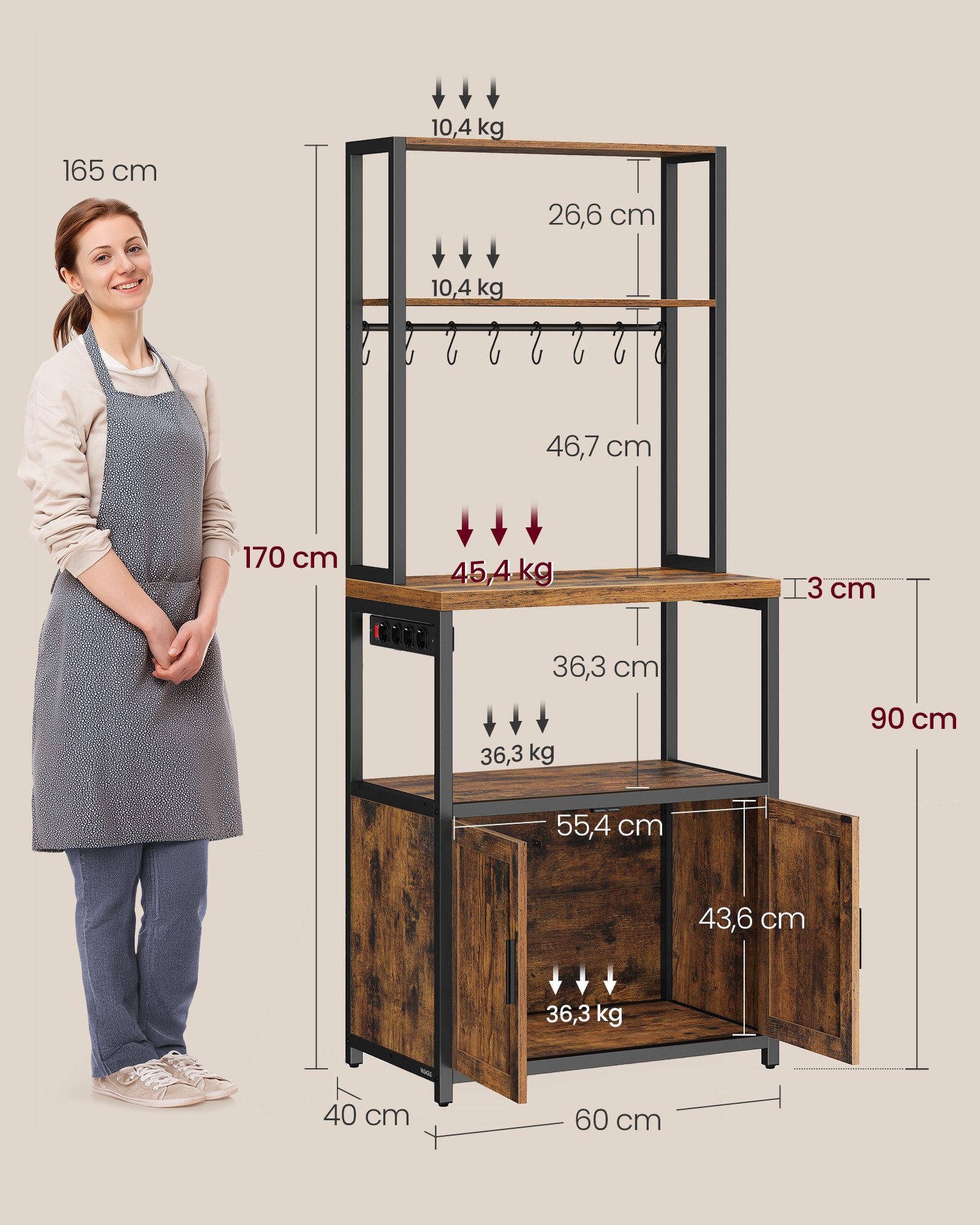 VASAGLE Standregal, Küchenregal mit Steckdosen, 90 cm hoher Arbeitsplatte, mit 8 Haken