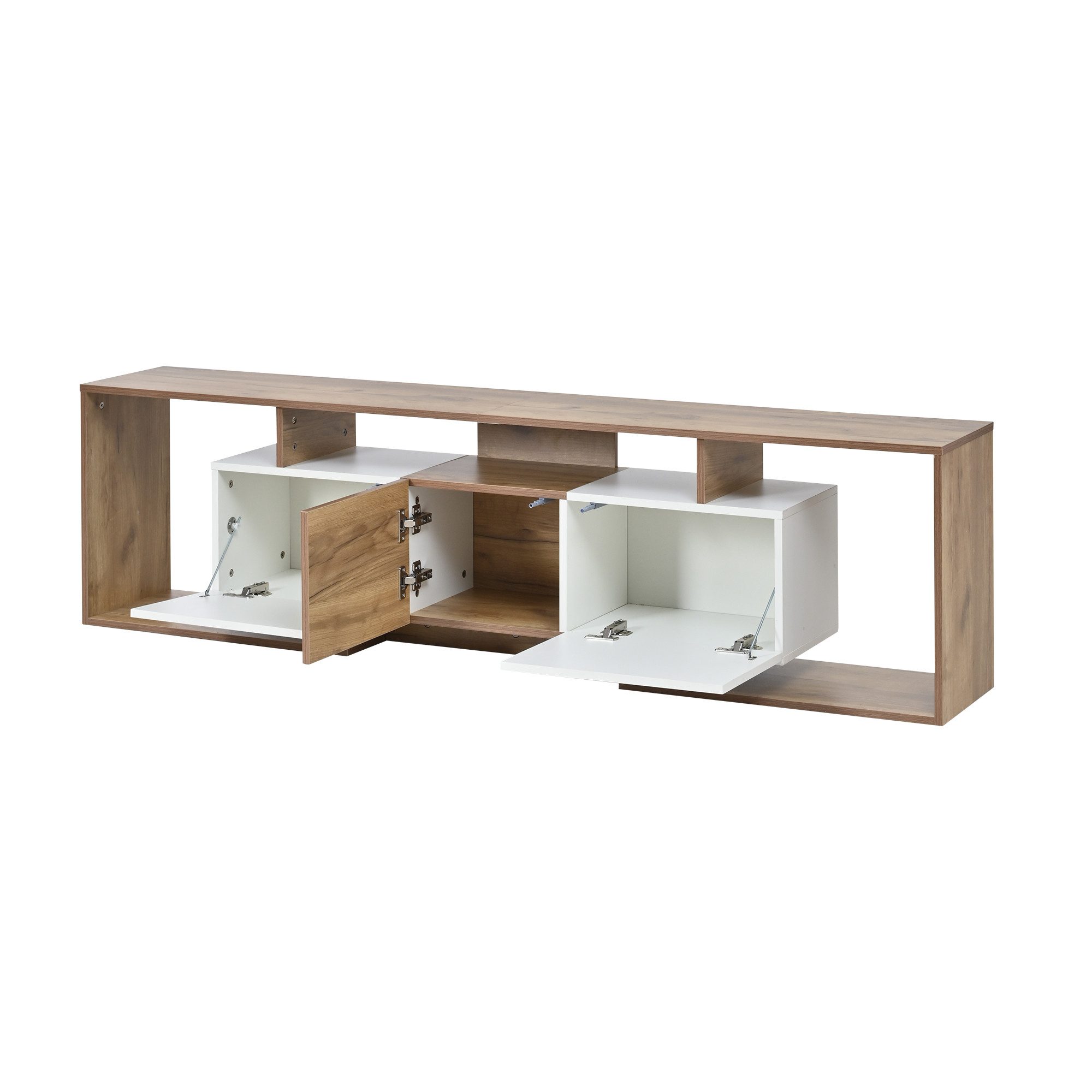 Yorbay Lowboard Lowboard Durchbrochenes Design TV Schrank, für TVs bis 85 Zoll, Holz Fernsehschrank mit 2 Klapptüren, Drehtür, 3 offenen Fächern