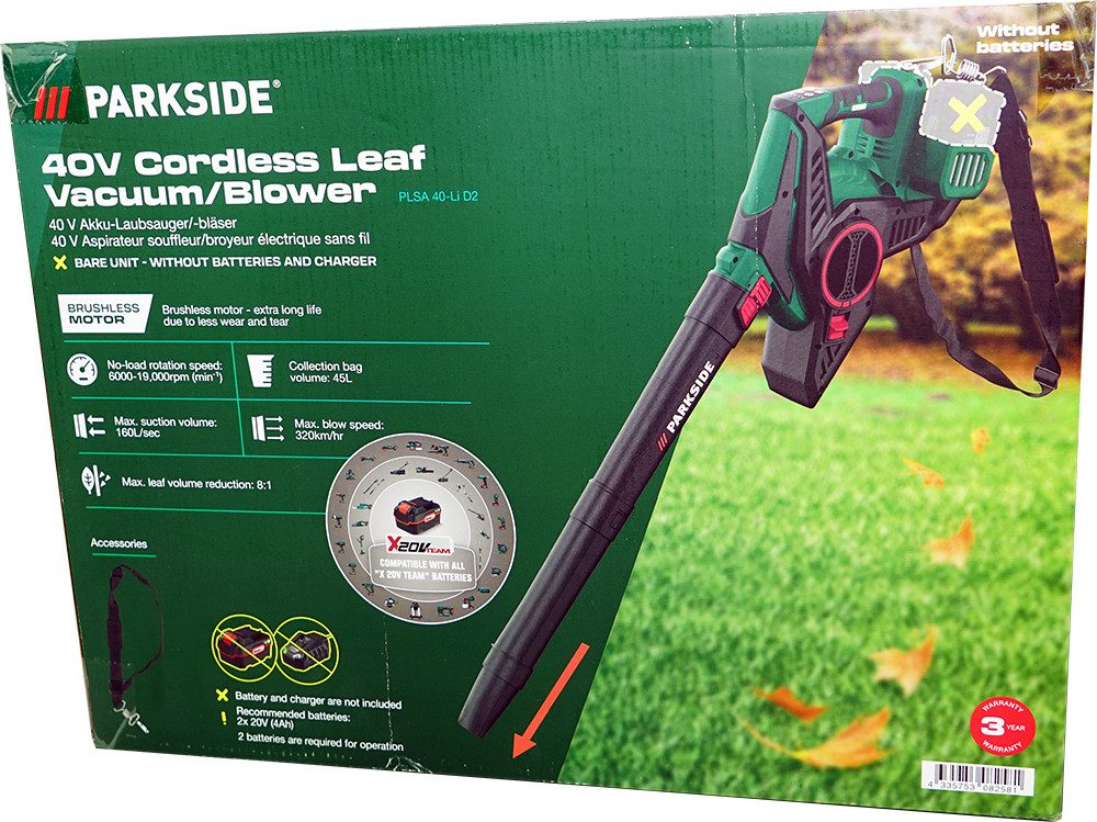 Parkside Akku-Laubsauger 40V Akku Laubsauger Laubbläser PLSA 40-Li D3 (ohne Akku)
