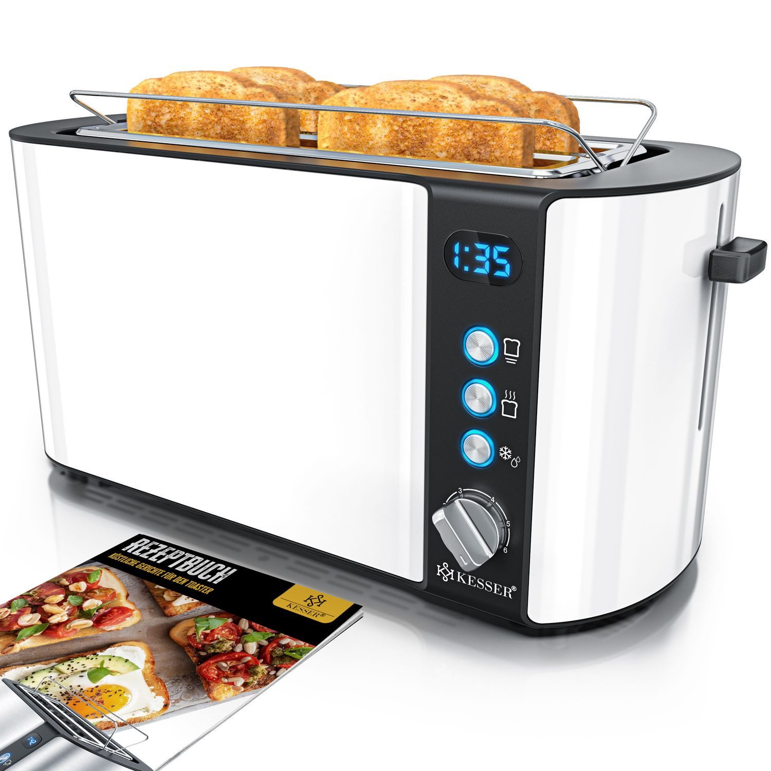 KESSER Toaster mit Brötchenaufsatz, Langschlitz 4 Scheiben mit 6 Bräunungsstufen, für 1250 Watt, inkl. Krümelblech und Rezeptbuch, Auftau- & Aufwärmefunktion, Abschaltautomatik, Liftfunktion