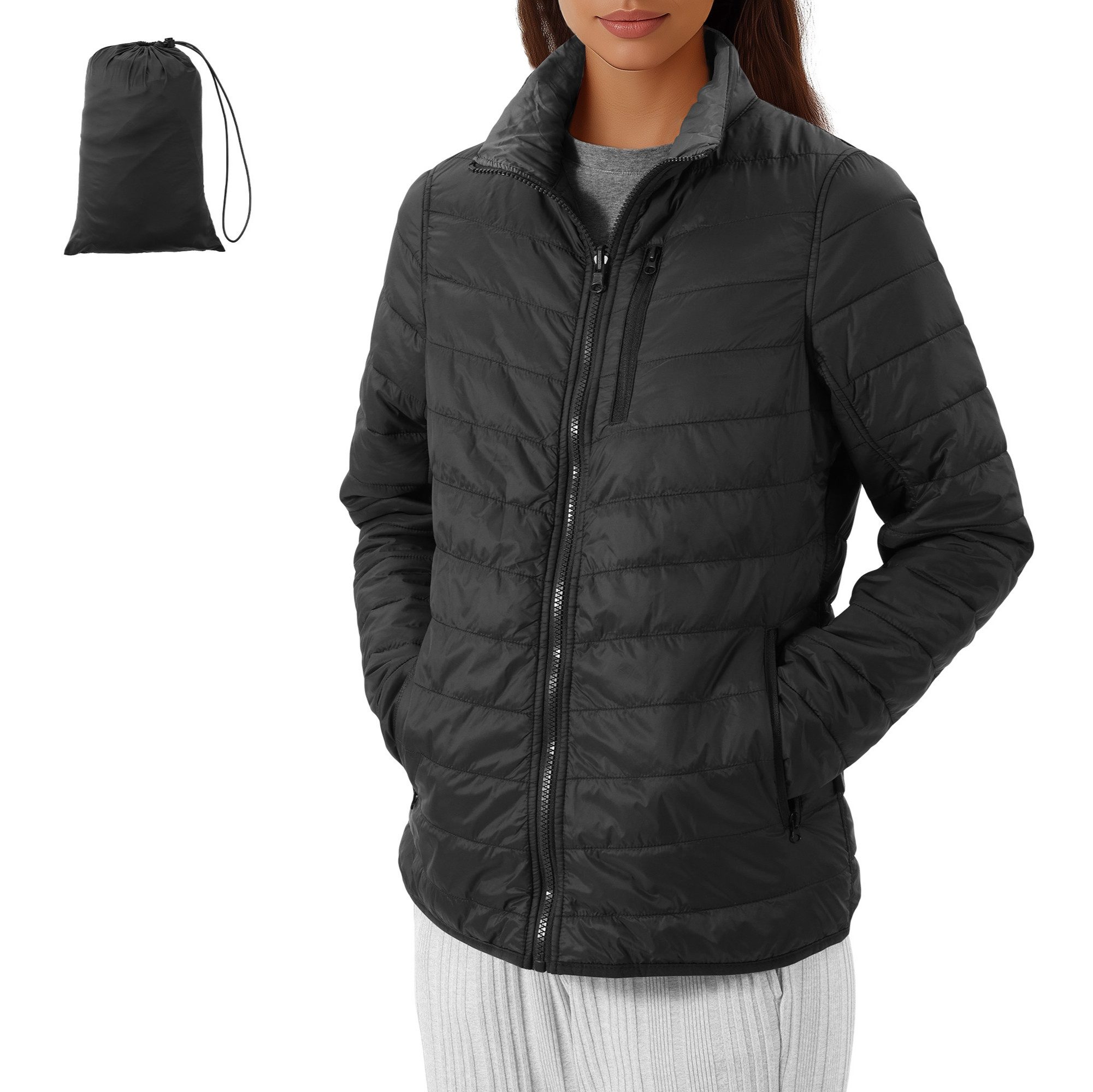 JEMIDI Sakko Damen Steppjacke leicht - Puffer Jacket - Jacke M schwarz dunkelgrau (1-tlg)