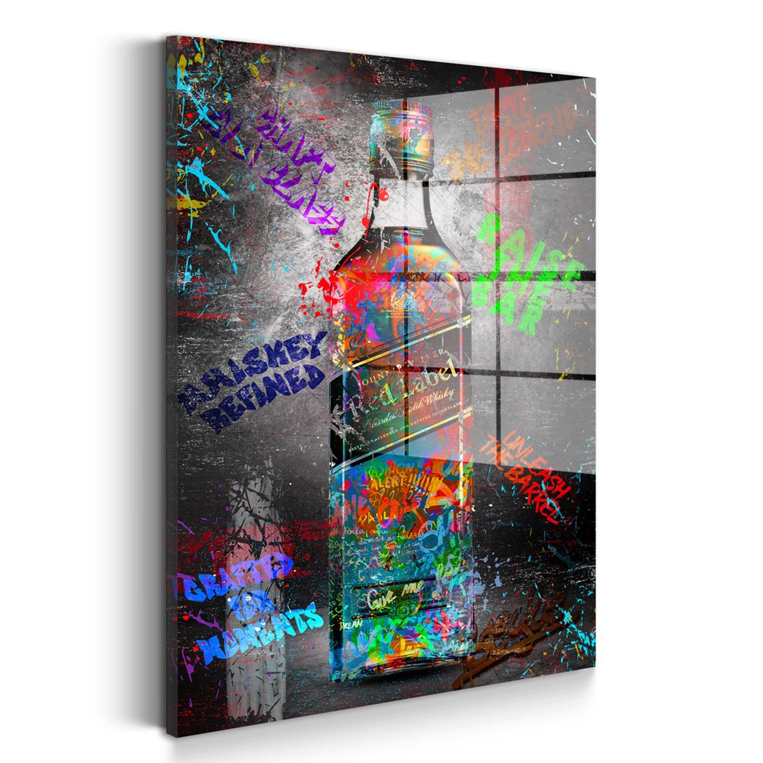 Artedinoi Acrylglasbild Whisky Acrylglasbild Wandbild Street Art Graffiti Bunt Bar Deko XXL, Whiskyflasche mit Glas im Graffiti-Stil mit Farbspritzern in Braun und Gold.