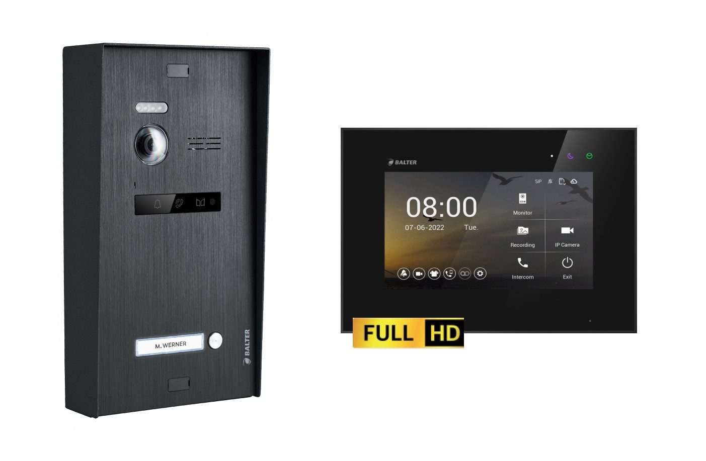 Balter Video-Türsprechanlage BALTER EVO-HD Aufputz Türsprechanlage 2-Draht 1-Familienhaus Schwarz (Set, 1-Familienhaus, Komplettset, Full HD 175° Kamera, Touchscreen-Monitor)