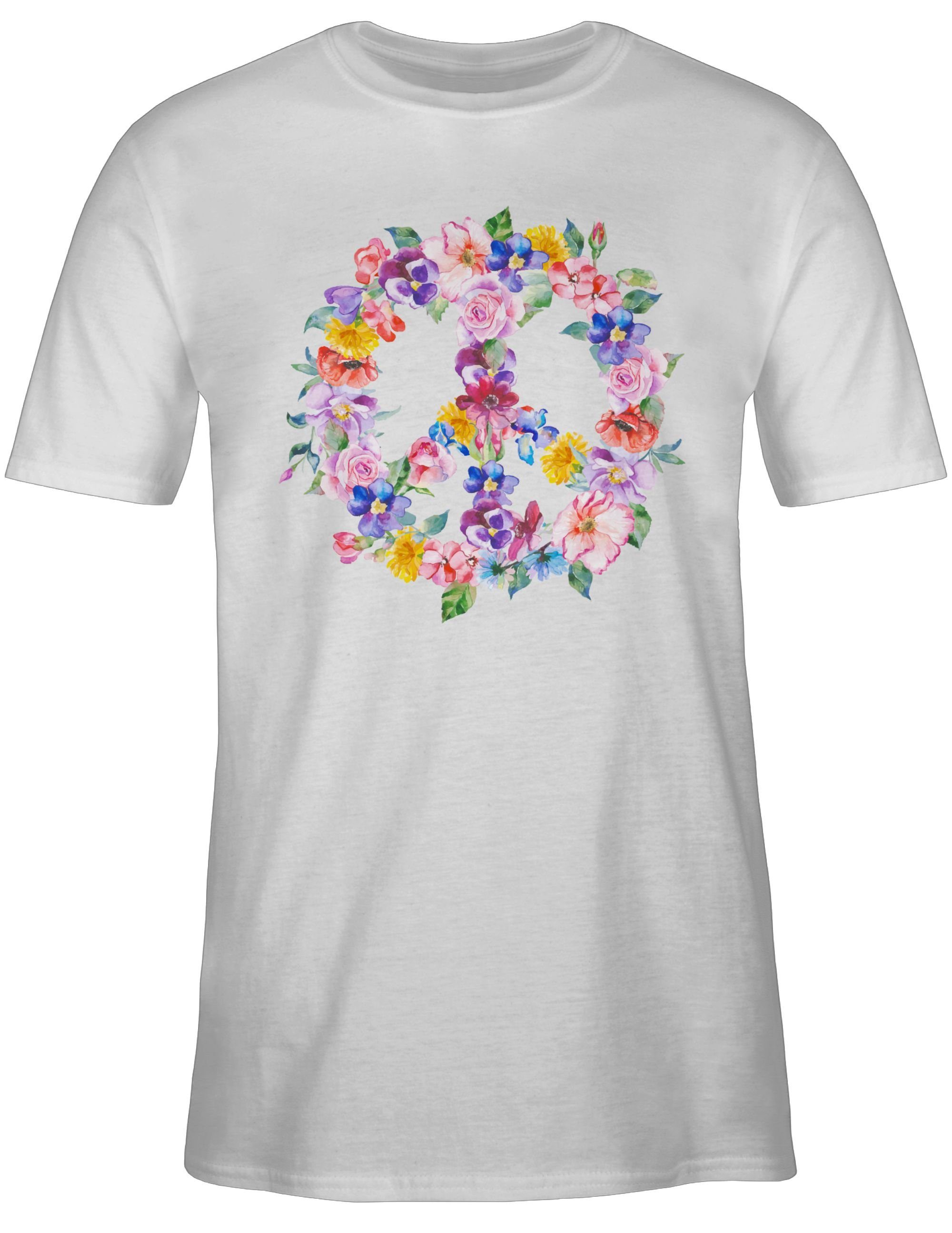 Shirtracer T-Shirt Peace Zeichen mit bunten Blumen Sprüche Statement 2 Weiß