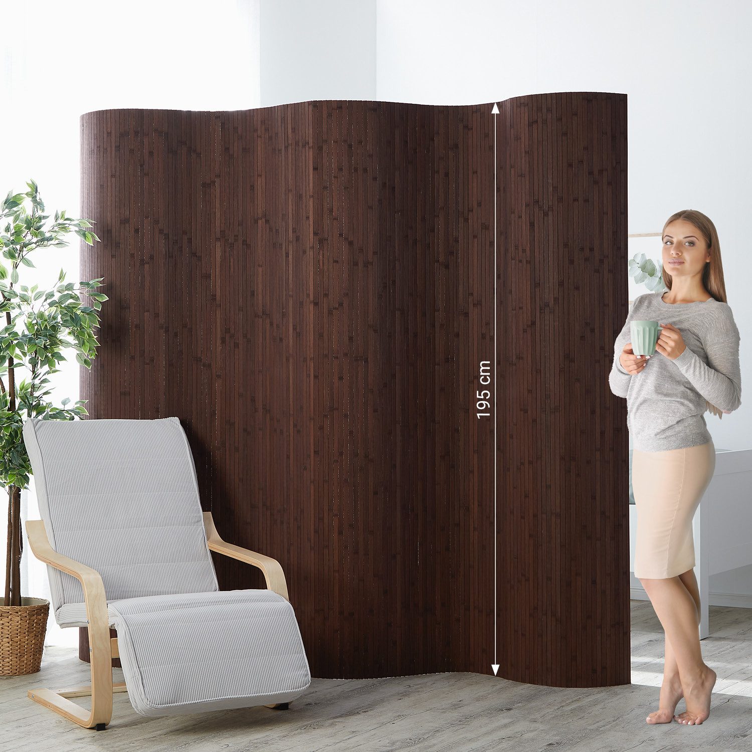 Homestyle4u Paravent Raumteiler Trennwand Bambus Sichtschutz Holz 145x200 195x200 Indoor (1 St), Dunkelbraun/Walnuss, Faltwand