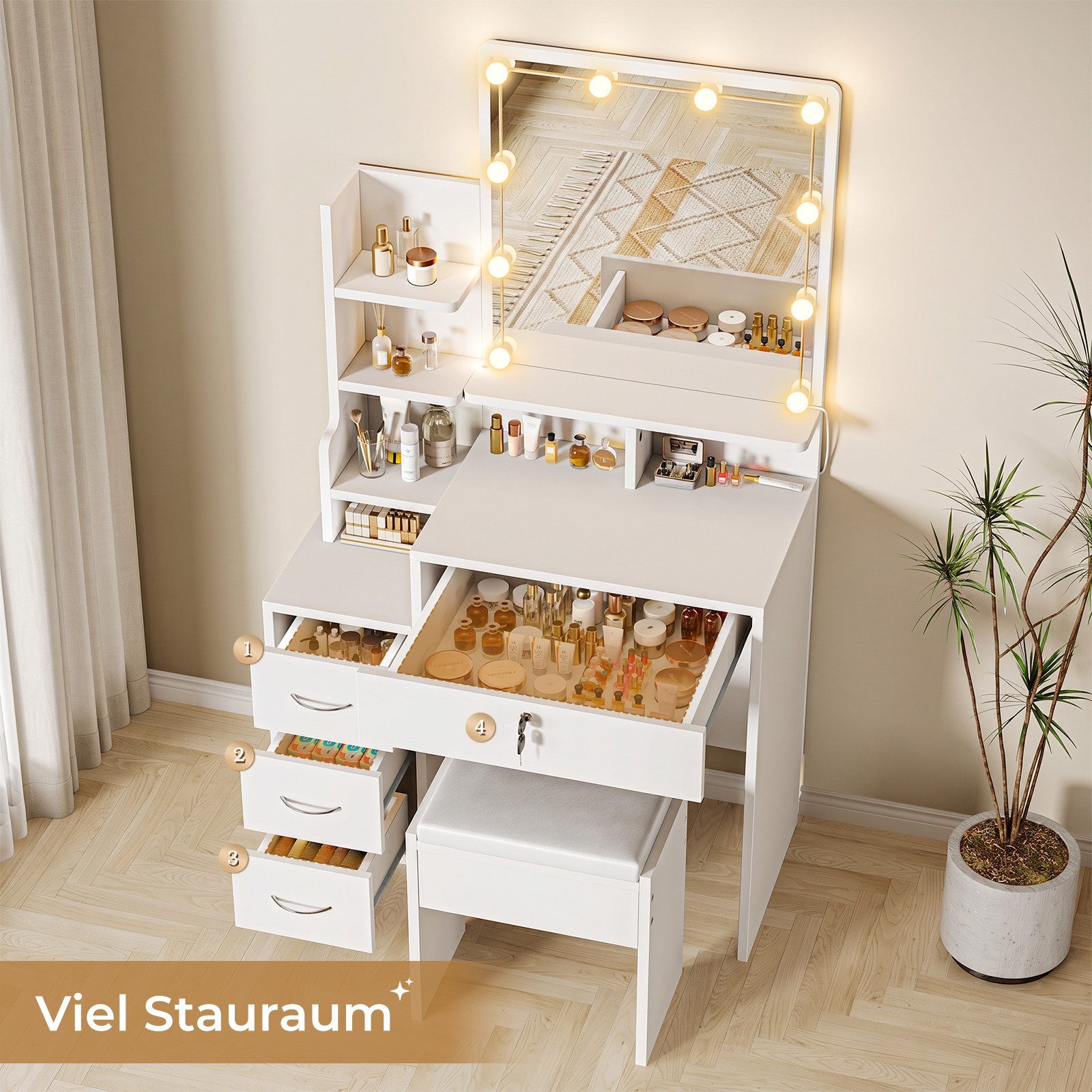 Dripex Schminktisch Weiß mit LED und Hocker, 4 Schubladen 10 dimmbare LED-Glühbirnen (144Hx40Tx87B cm)