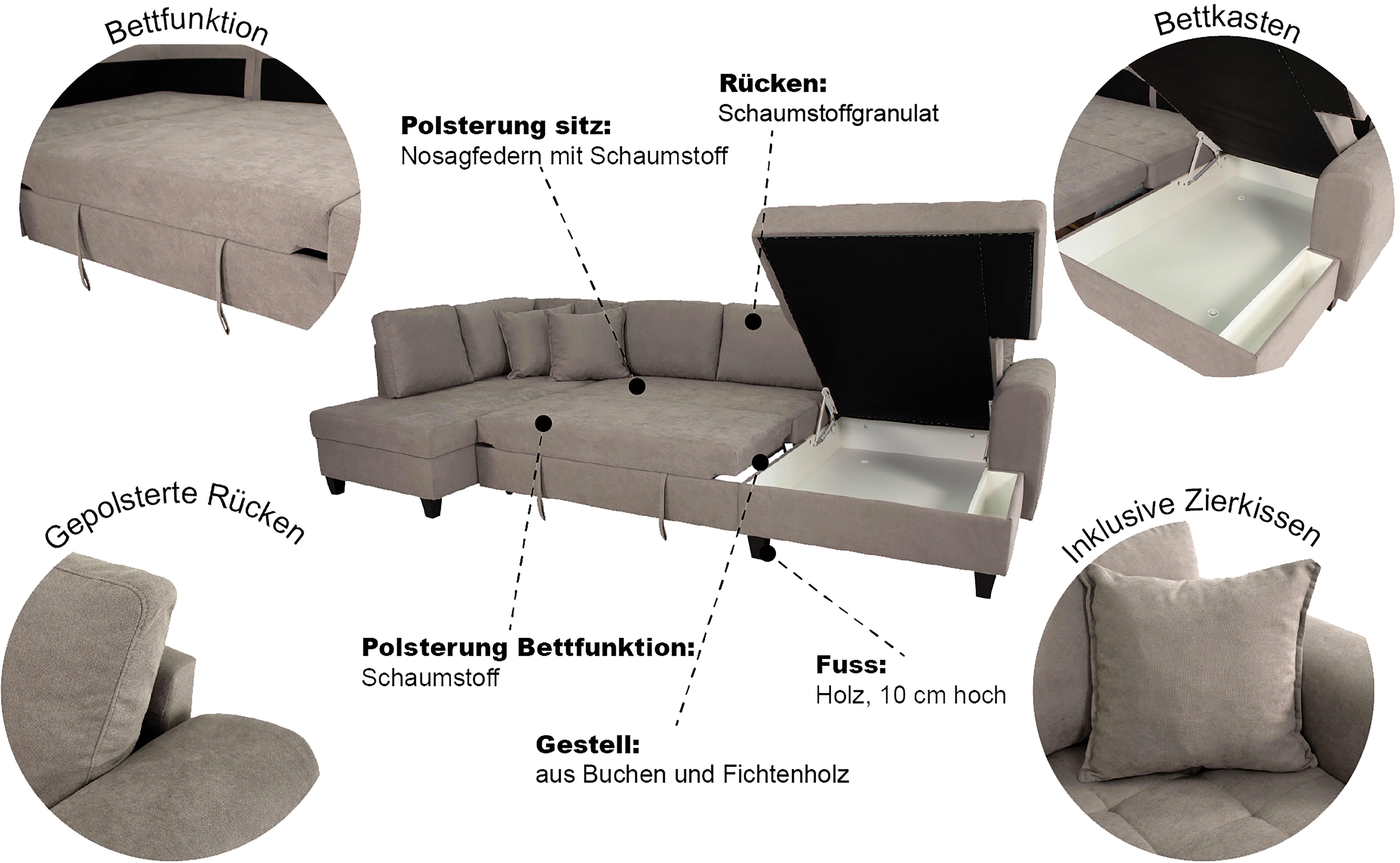 Trends by HG Wohnlandschaft Moritz U-Form, B: 324 cm, mit Bettfunktion, Bettkasten & Zierkissen