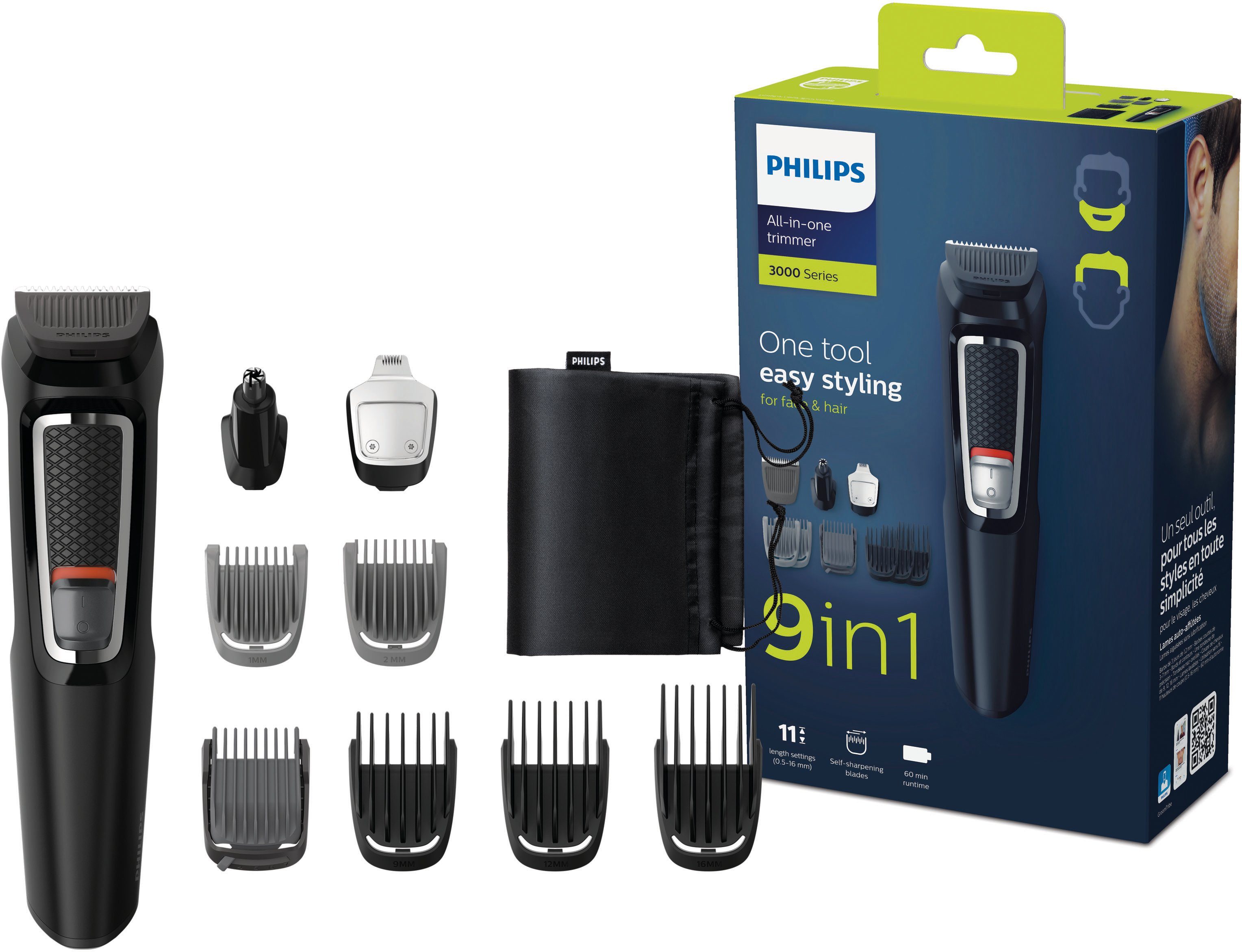 Philips Multifunktionstrimmer Series 3000 MG3740/15, All-in-One Trimmer, 9-in-1 für Gesicht und Haare mit Edelstahlklingen