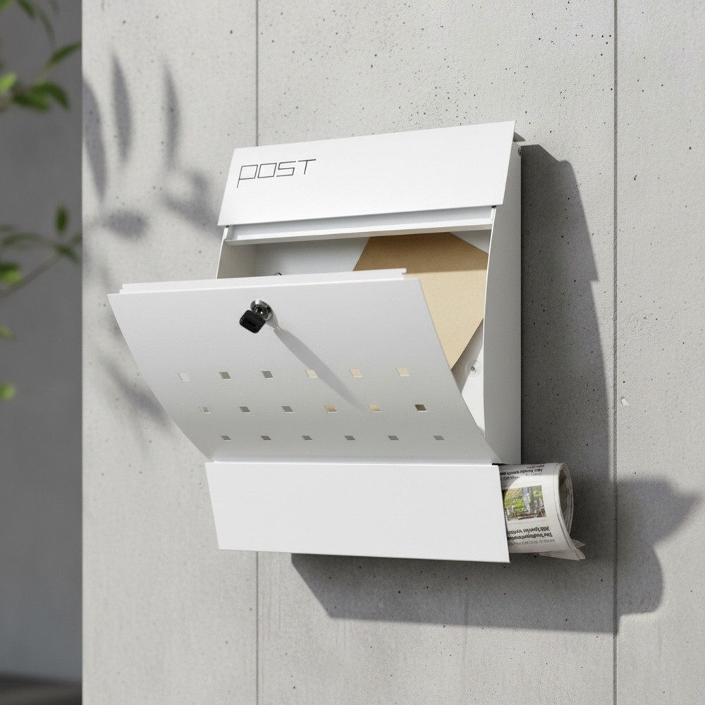 Mucola Briefkasten Wandbriefkasten halbrund Zeitungsrolle Namenschild Weiß Briefkasten (Stück, 1-St., Premium-Briefkasten)