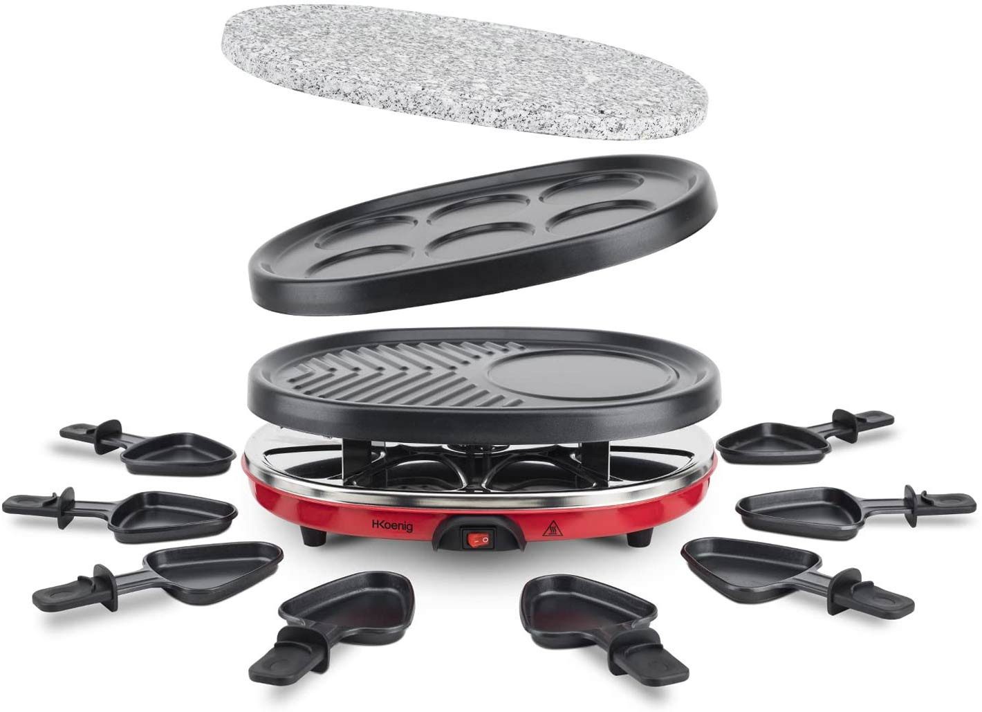 H.Koenig Raclette RP-412 mit wechselbaren Pletten, heißer Stein, 8 Raclettepfännchen, 900 W