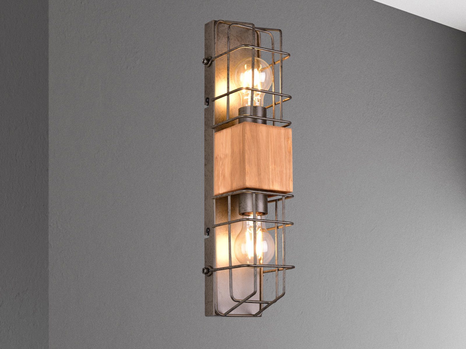 meineWunschleuchte Wandleuchte, ohne Leuchtmittel, große Industrial Innen Wand-Beleuchtung mit Gitter und Holz, Höhe 45cm