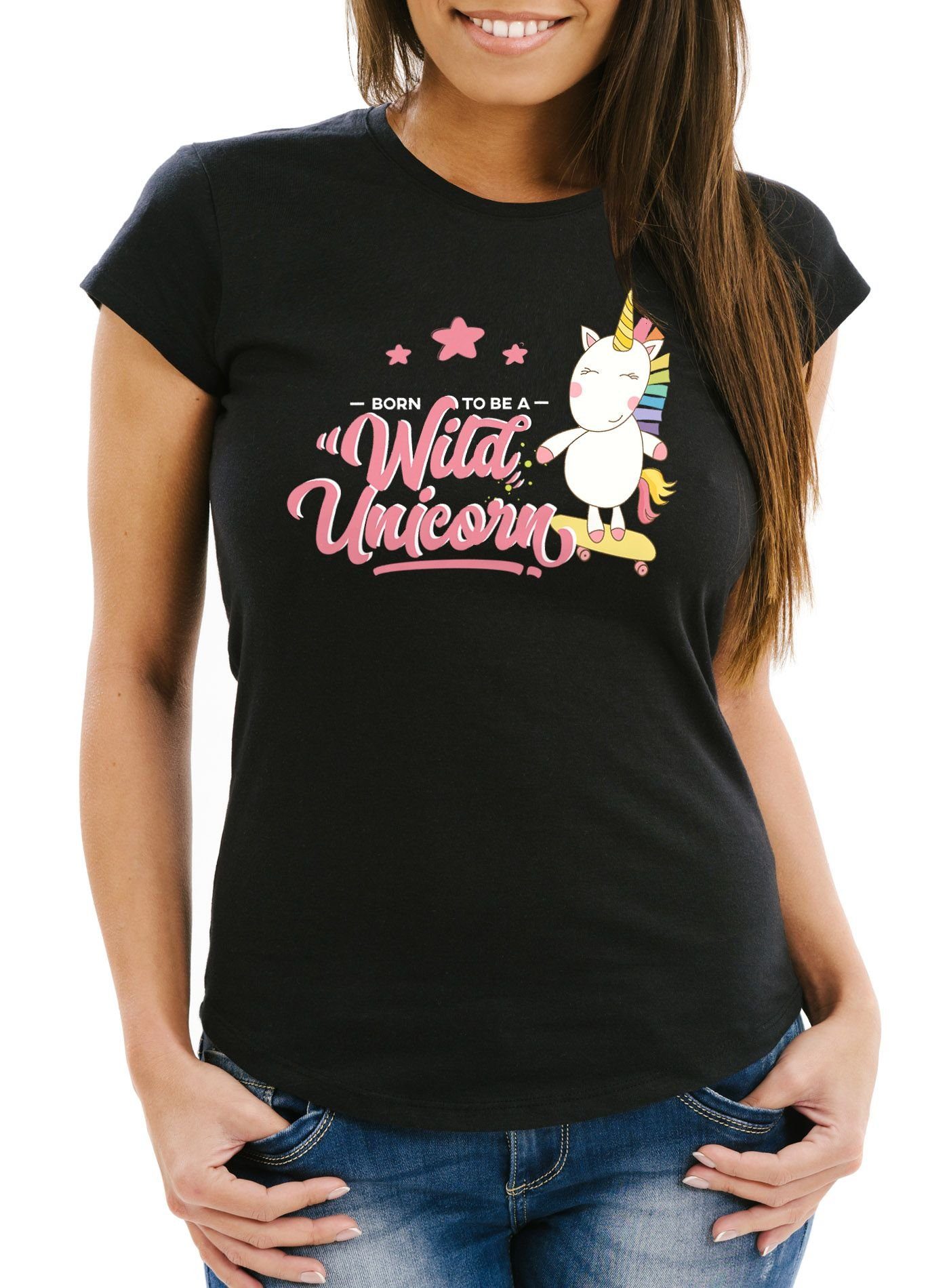 Damen Shirts MoonWorks Print-Shirt Damen Einhorn T-Shirt Born to be a wild unicorn Einhorn auf Skateboard Slim Fit Moonworks® mi