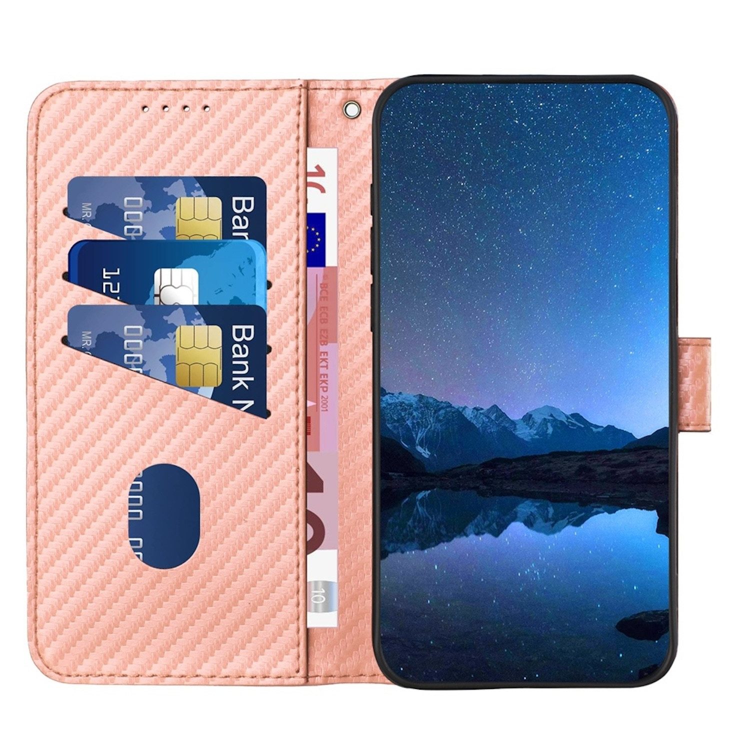 Wigento Handyhülle Für Xiaomi Redmi Note 14 Pro Plus Carbon Fiber Kunstleder Hülle Rosa, Carbon-Optik Hülle mit Kartenfach und Standfunktion