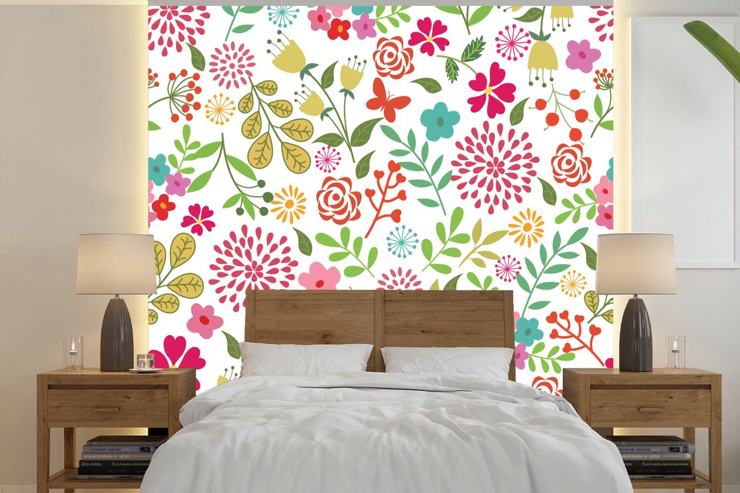 MuchoWow Fototapete Blumen - Farben - Muster, Matt, bedruckt, (4 St), Vliestapete für Wohnzimmer Schlafzimmer Küche, Fototapete