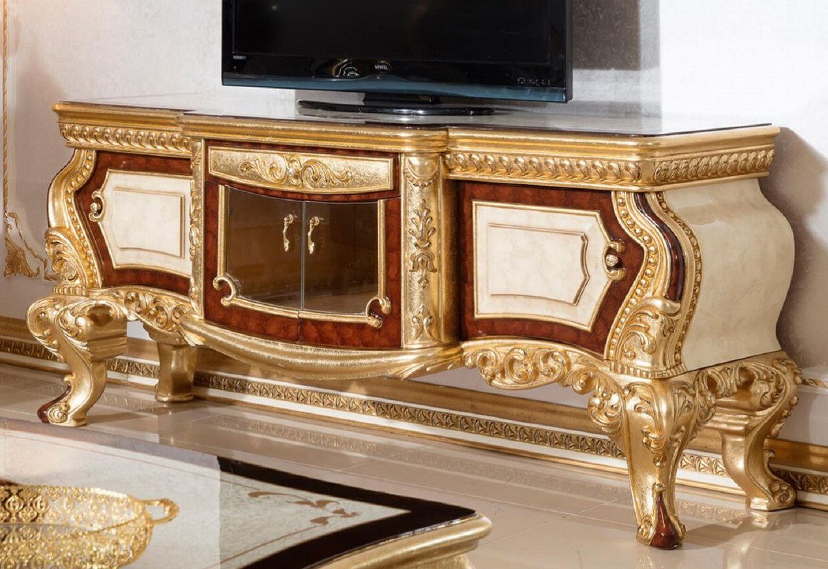 Casa Padrino TV-Schrank Luxus Barock TV Schrank Weiß / Braun / Gold - Prunkvolles Massivholz Sideboard mit 4 Türen und Schublade - Barock Wohnzimmer Möbel