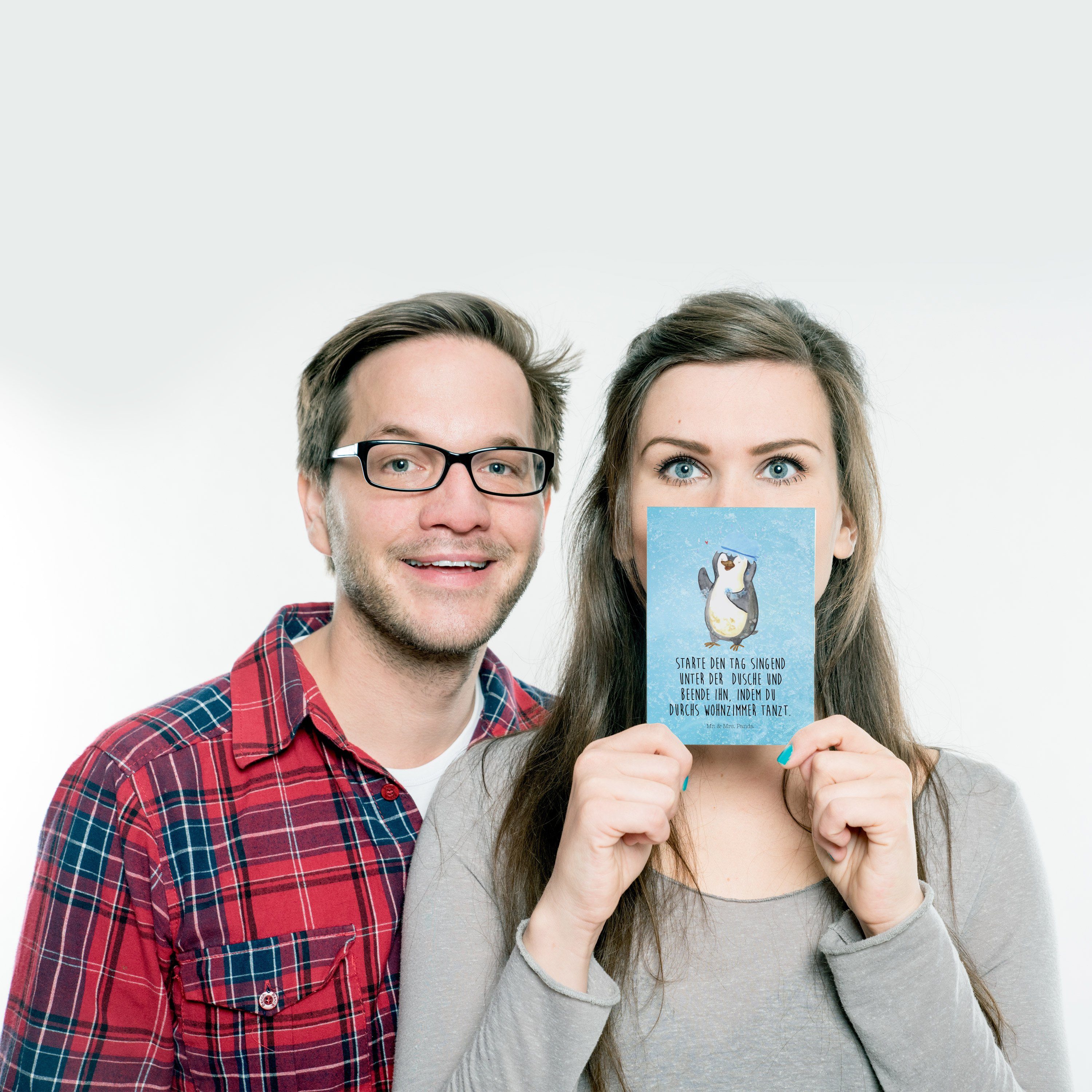 Mr. & Mrs. Geschenk, Dankesk Eisblau duscht - Panda Neustart, - Pinguin Dusche, Karte, Postkarte