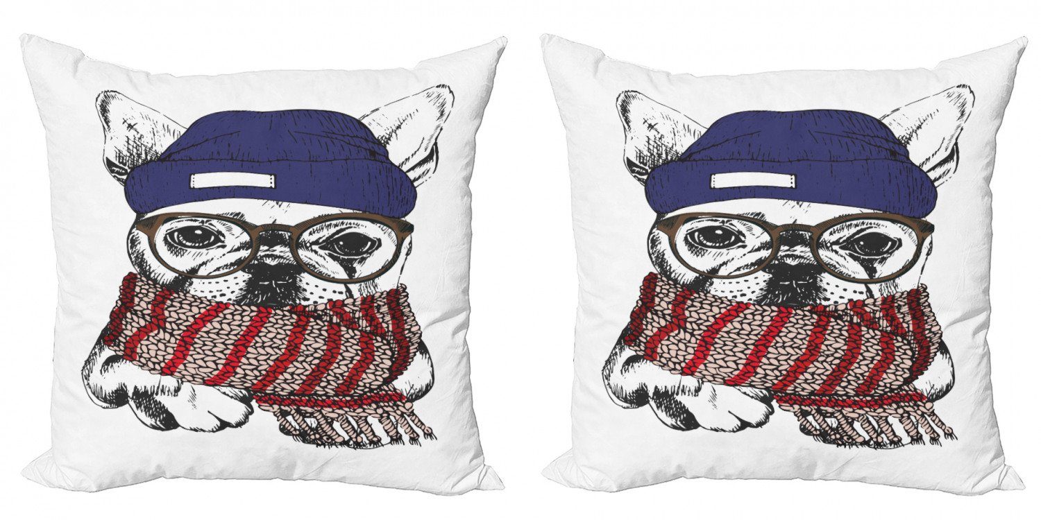 (2 Accent Hipster Digitaldruck, Doppelseitiger Cozy Stück), Kissenbezüge Bulldogge Modern Abakuhaus Winter-Hund