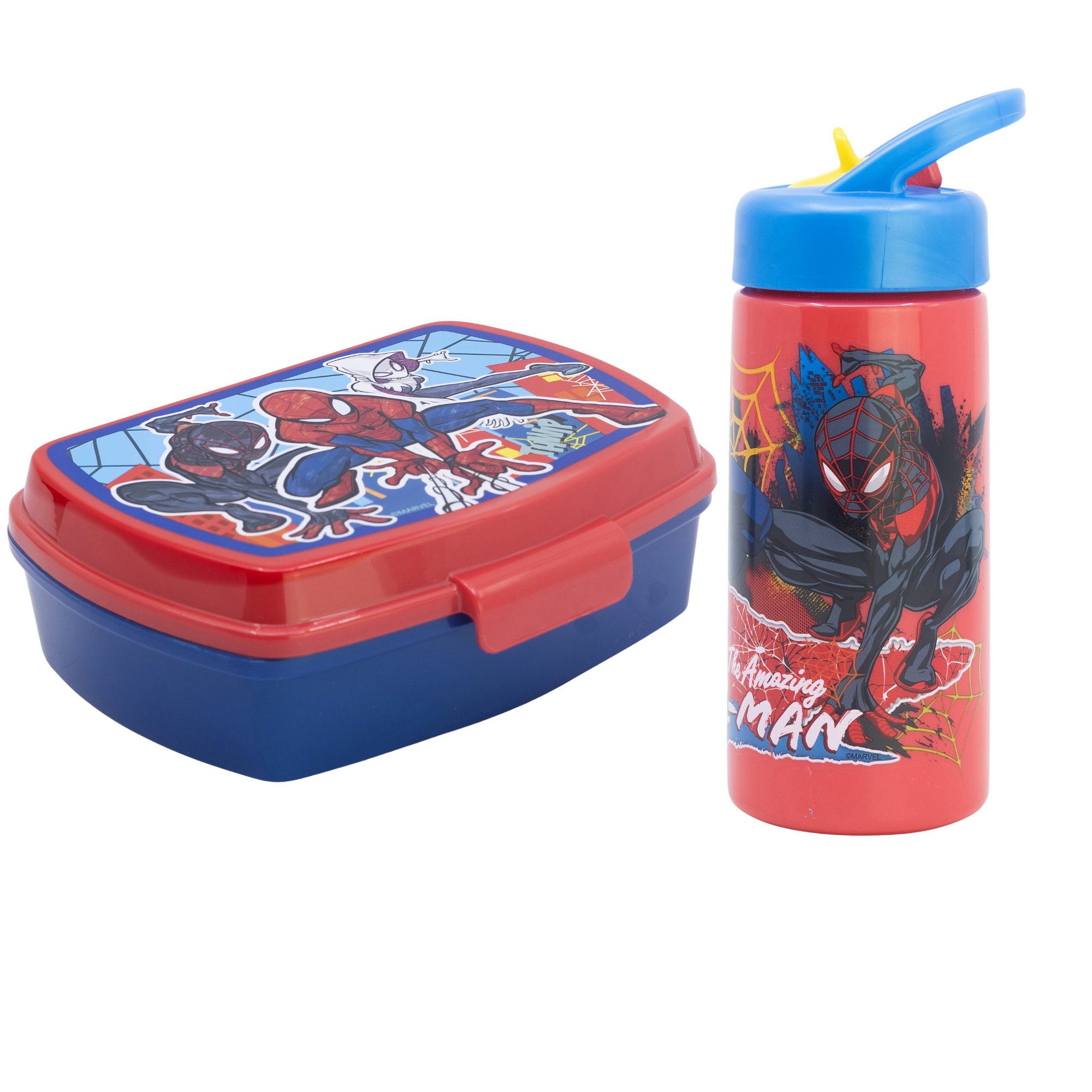 MARVEL Lunchbox Marvel Spiderman 2 teiliges Kinder Set Brotdose Trinkflasche 410 ml, (2-tlg., Spar-Set)