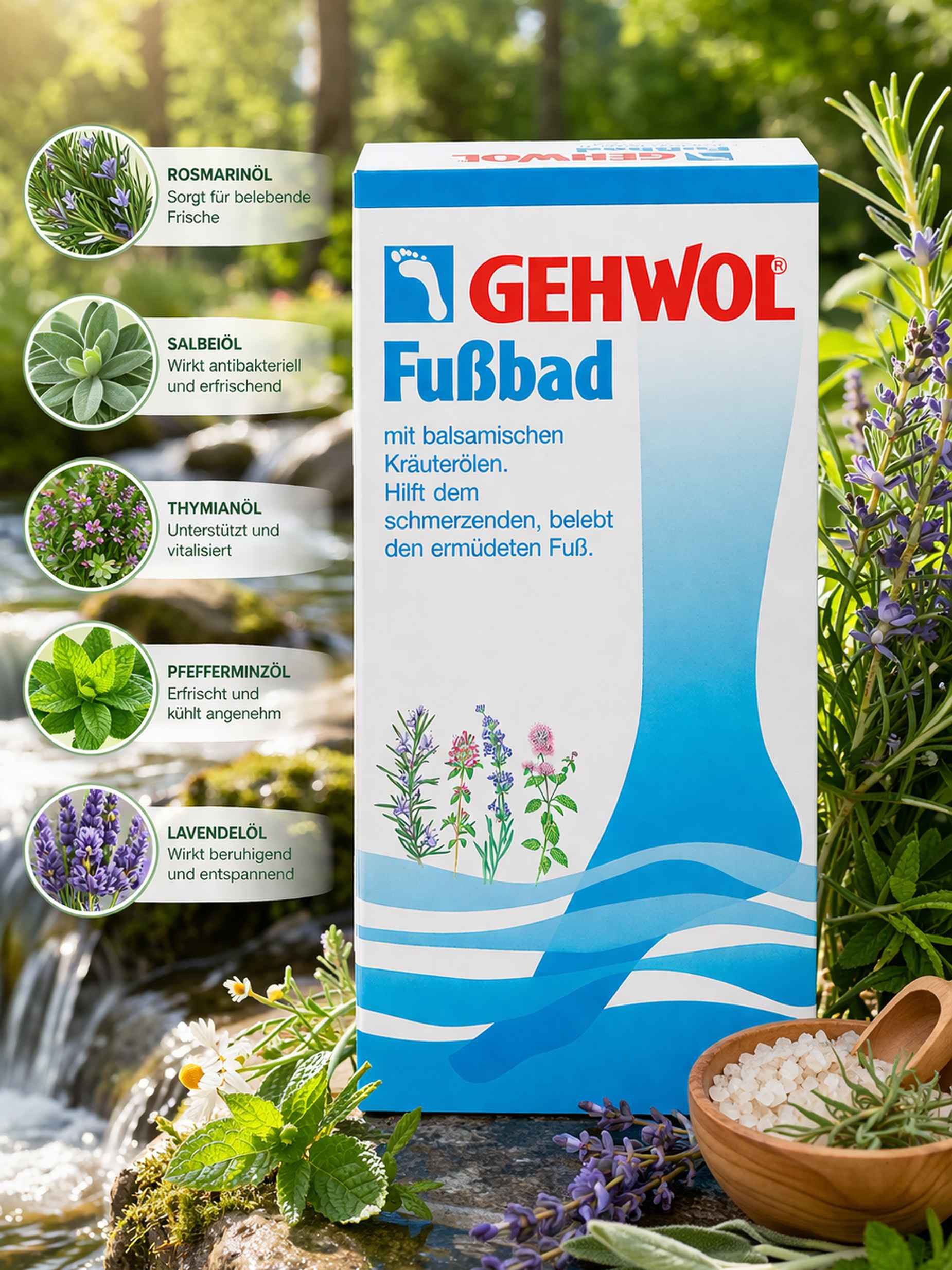 Eduard Gerlach GmbH Fußbädersalz GEHWOL Fußbad 400 g belebendes Fußpflegebad mit Kräuterölen Packung, belebt müde Füße, erweicht Hornhaut und desodoriert langanhaltend