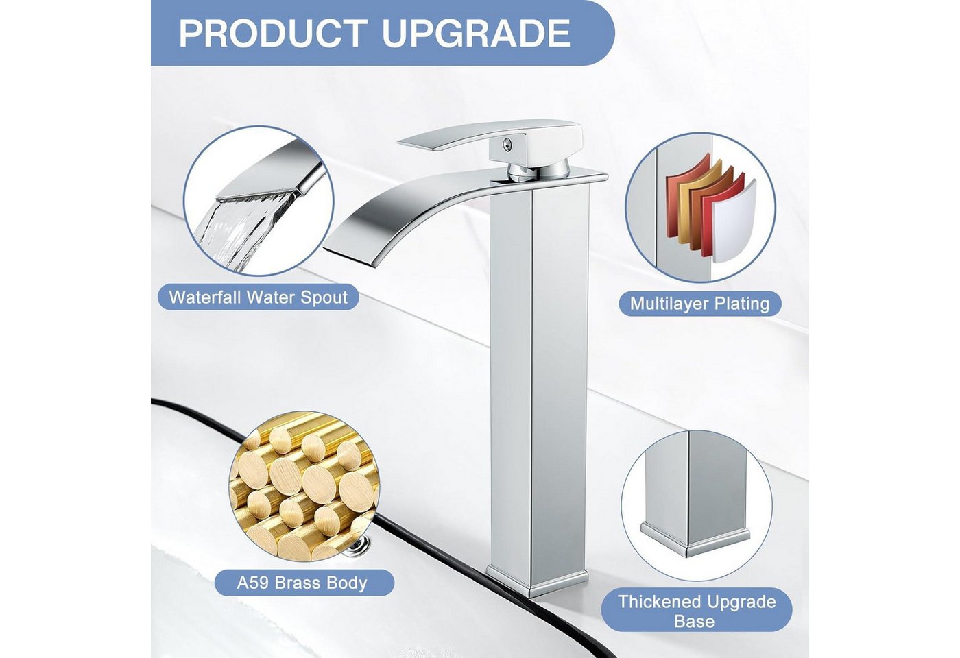 Thumbnail - LuxusKollektion Waschtischarmatur Wasserhahn Bad Modern Wasserfall Armatur Hoch Verchromt Messing
