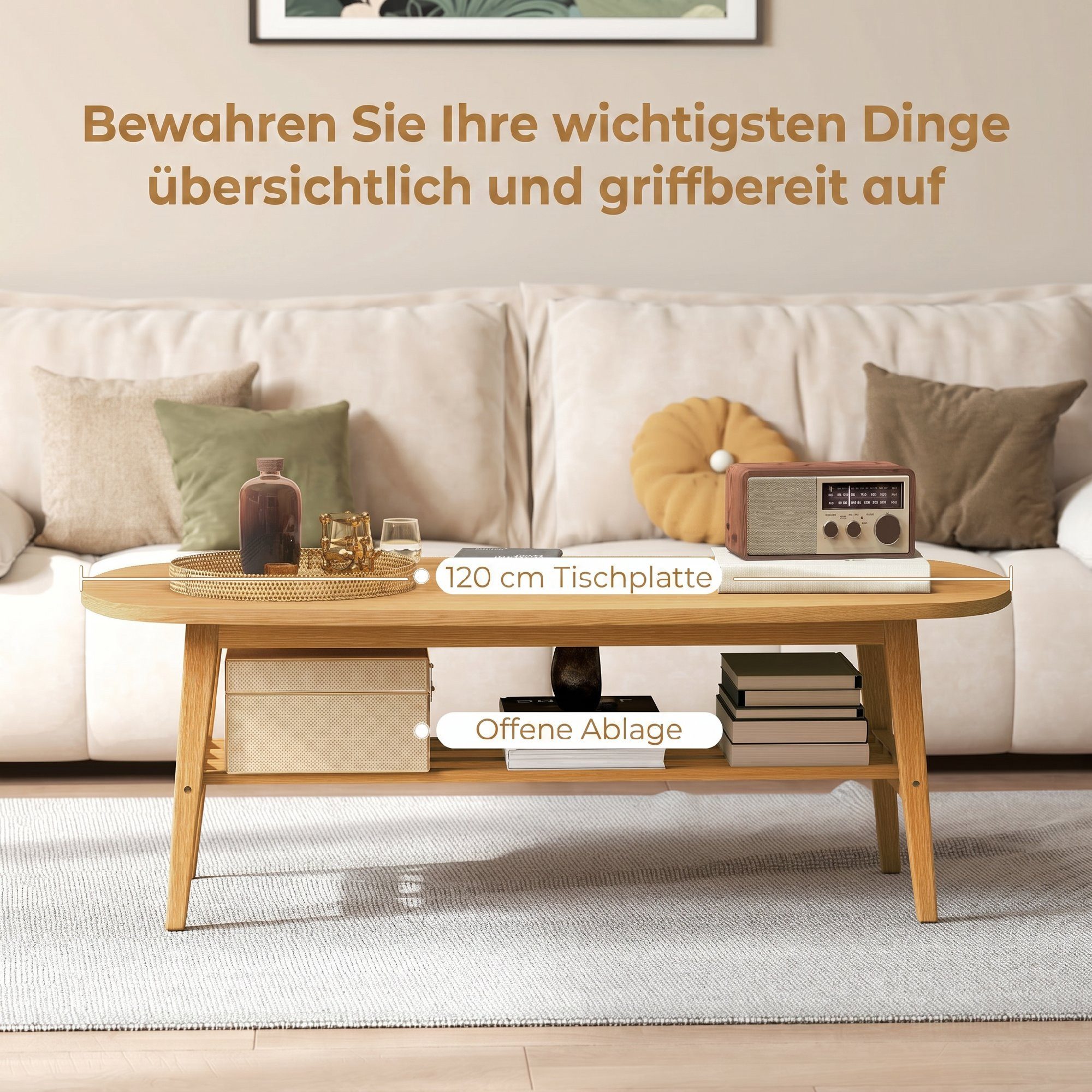 HOMCOM Couchtisch Sofatisch für Wohnzimmer (Set, 1-St., 1 Tisch), Ovale Tischplatte mit Ablage – Bild 4 von 5