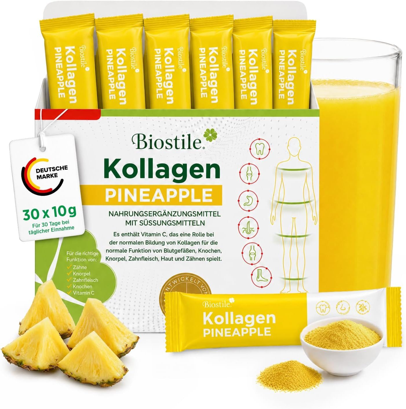 Biostile Kollagen Pulver Ananas mit 5 Kollagenquellen für Haut Haare Nägel - Kollagenpulver, 300 g, Mit Vitamin C, Curcumin, Shilajit & Ananasgeschmack, 30 Beutel