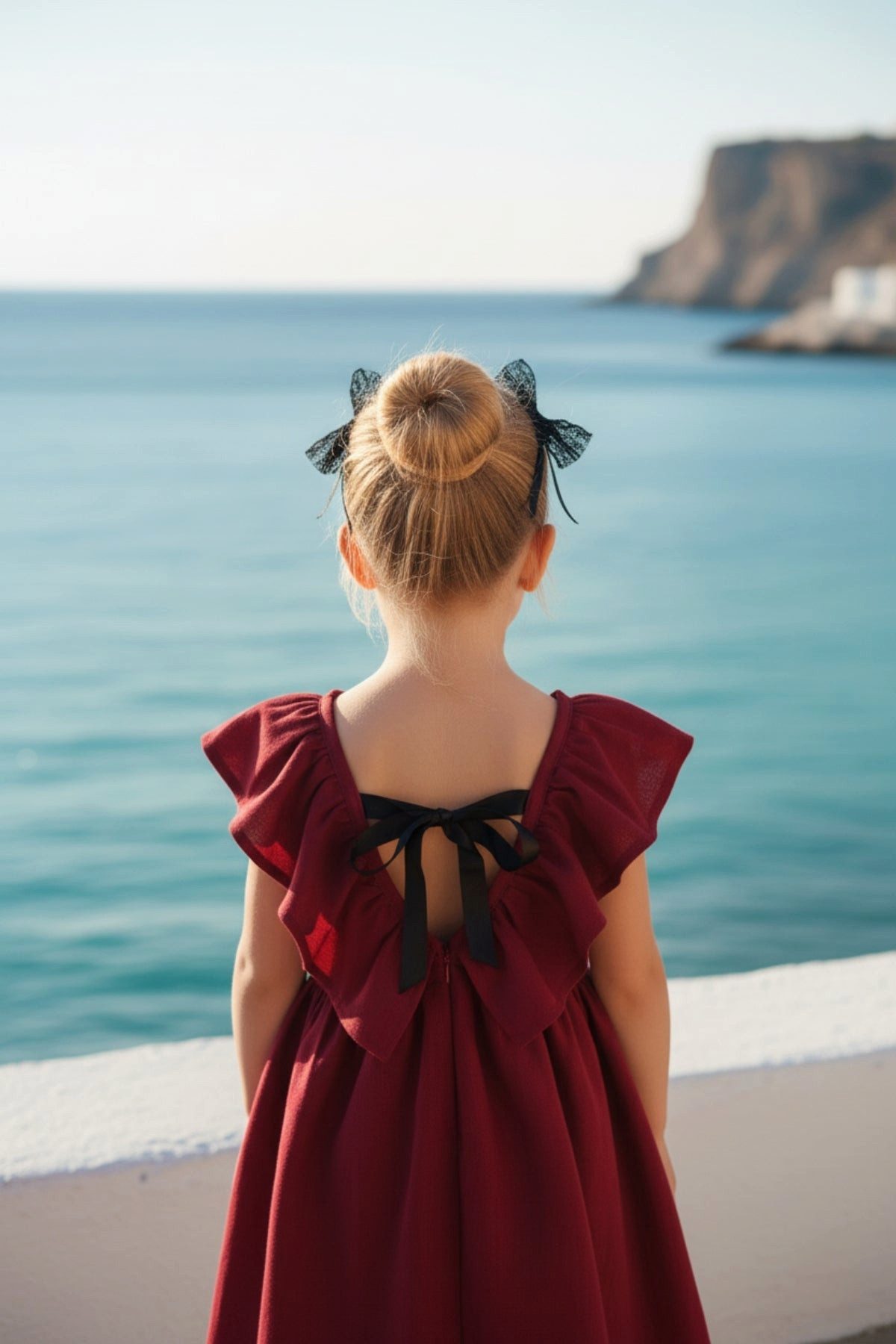 Parla Kids Sommerkleid Bordeaux farbendes Kleid mit Schleife, Rüschen und Haarspangen Glockenrock - Schleifenverschluss - V-Ausschnitt am Rücken – Bild 4 von 5