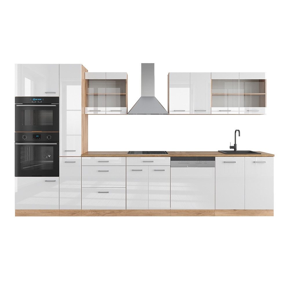Vicco Küchenzeile R-Line, Weiß Hochglanz/Goldkraft Eiche, 350 cm mit Hochschrank, AP...