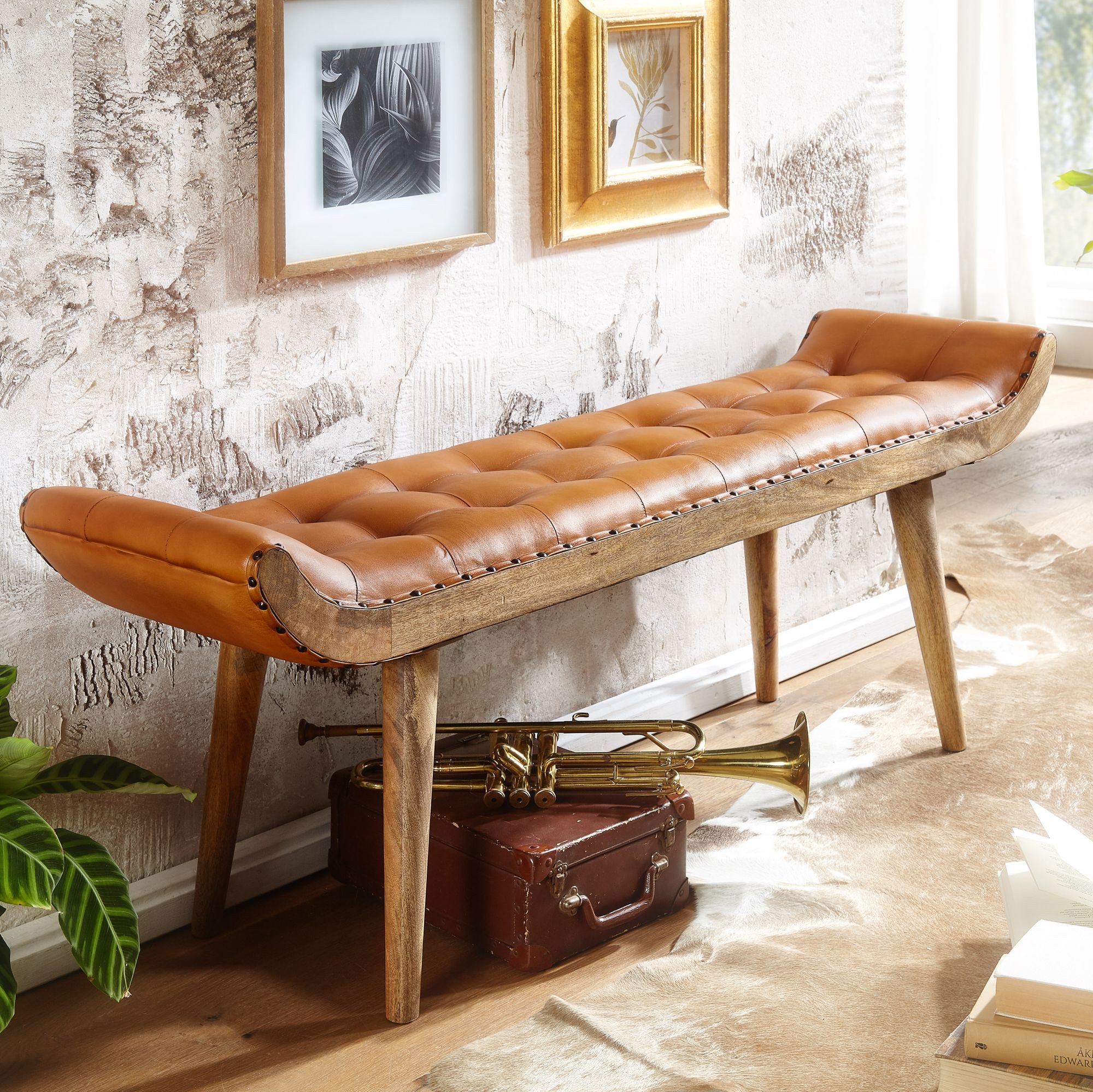 FINEBUY Polsterbank FB71793 Sitzbank Flurbank Chesterfield Echtleder 125x50x38 cm Bank (Ziegenleder / Massivholz Bank 125x50x38 cm Retro), Flur Polsterbank Chesterfield, Lederbank Braun