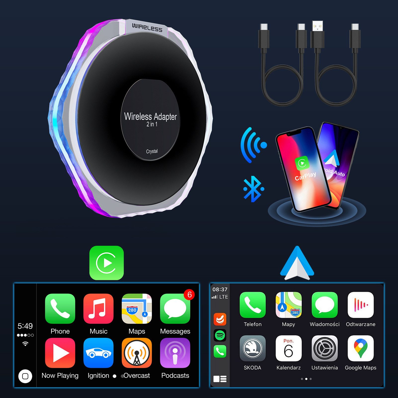 2-in-1 Wireless CarPlay & Android Auto Adapter, Kabellose Verbindung Auto-Adapter