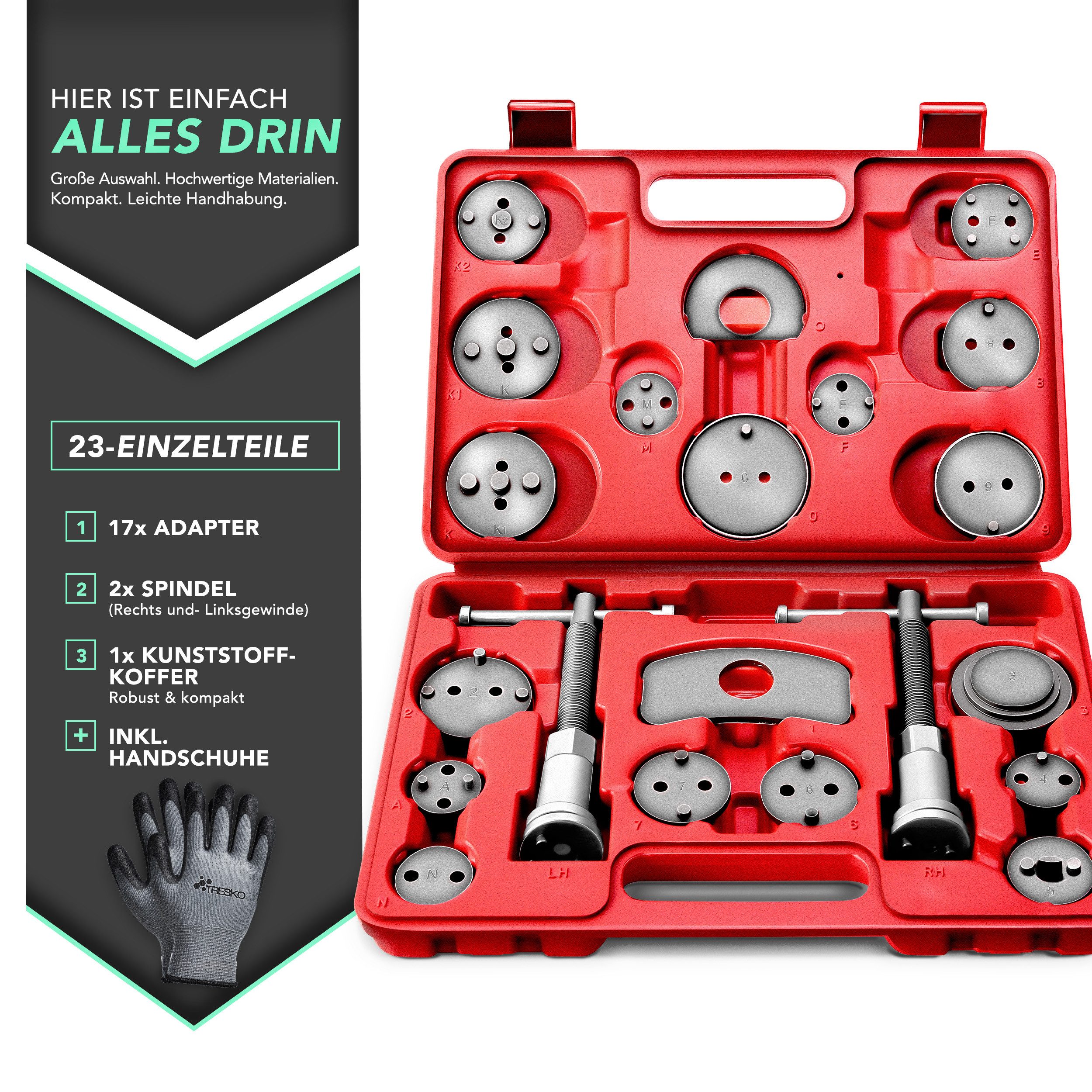 TRESKO Montagewerkzeug TRESKO 23tlg Bremskolbenrücksteller rot Set Bremskolben Satz Kolben, universell
