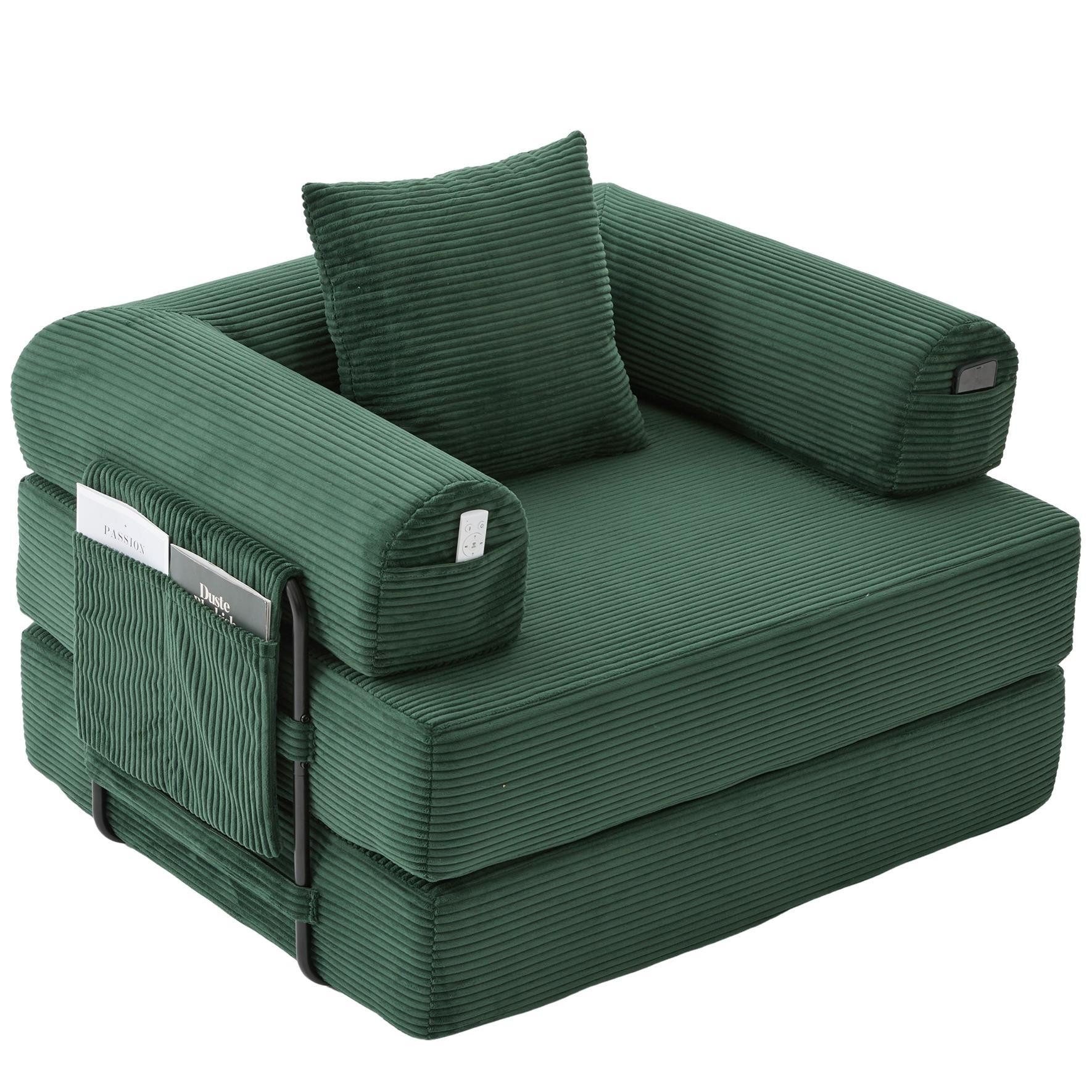 LVHOM Loungesofa faltbar mit Schlaffunktion, Stabil-/abnehmbarer Außenrahmen aus Metall, frei kombinierbar, Liege- oder Klappsofa, 3 Kissen, Hochelastischer Schaumstoff, weicher Cordstoff, Praktische Seitentaschen zur Aufbewahrung, Ideal für flexible Raumgestaltung in Wohn- oder Kleinwohnungen, Tragfähigkeit 300kg, als Gästebett nutzbar,Arbeitszimmer/Wohnzimmer