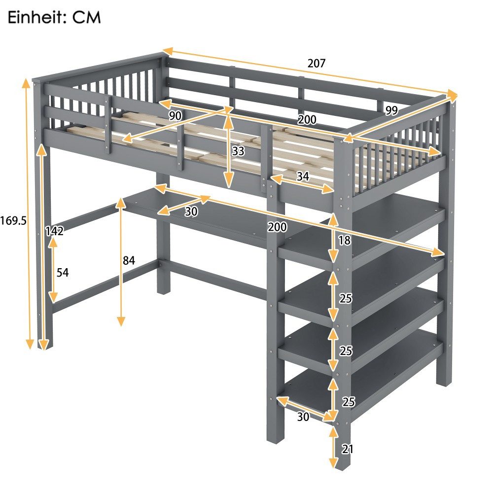 Ulife Hochbett Kinderhochbett 90x200 mit Ablagefächern & Schreibtisch Grau