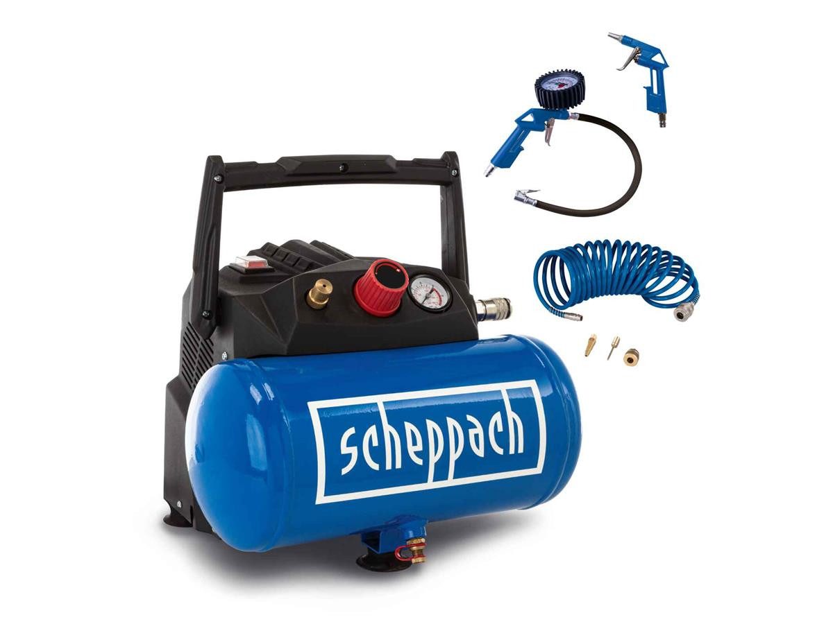Scheppach Kompressor HC06, 1200 W, max. 8 bar, 6 l, Set, 7-tlg., Ölfreier Betrieb – wartungsarm