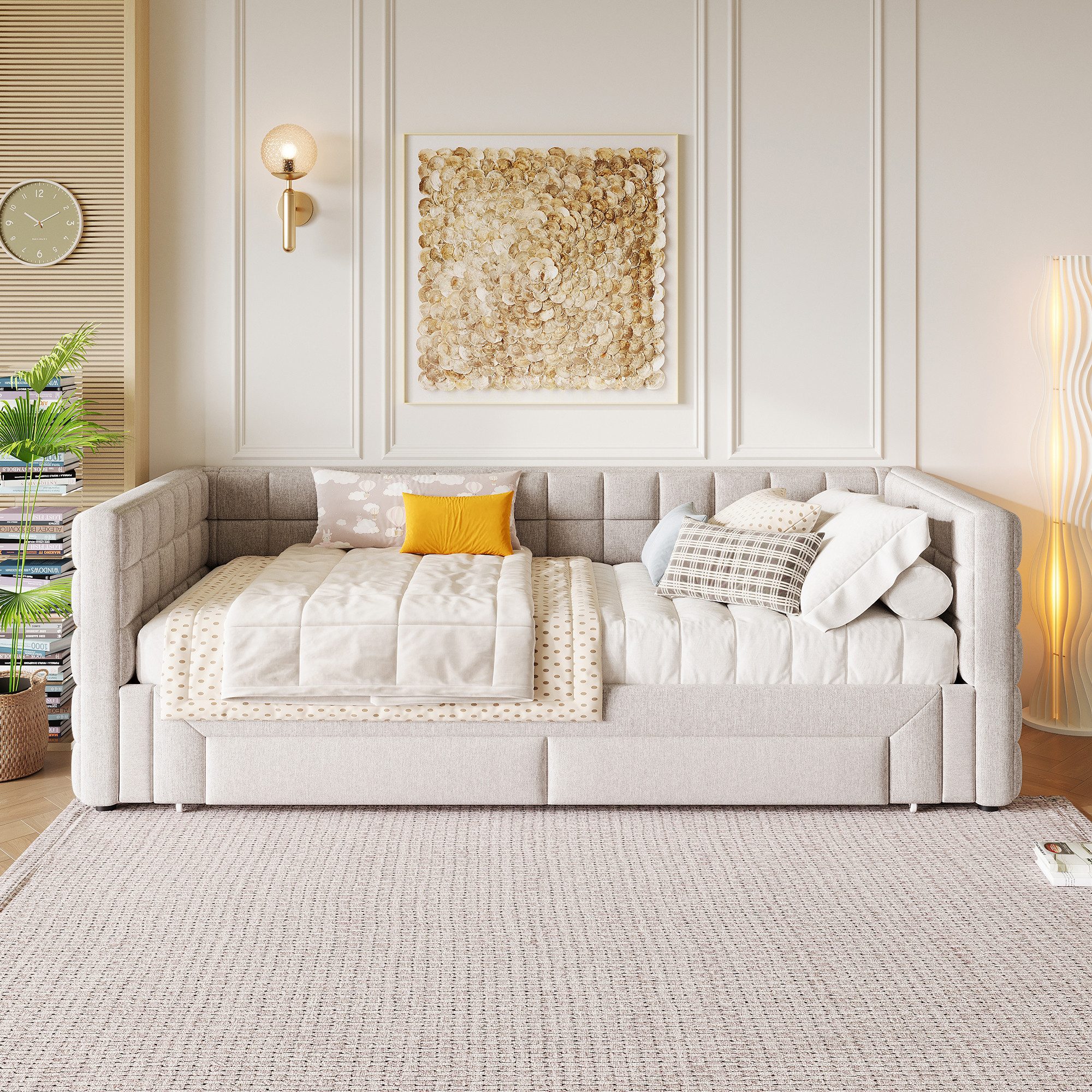 SOFTWEARY Schlafsofa mit Bettfunktion und Schubladen, 90x200cm/180x200cm, Schlafsofa mit Ausziehbett, Polsterbett