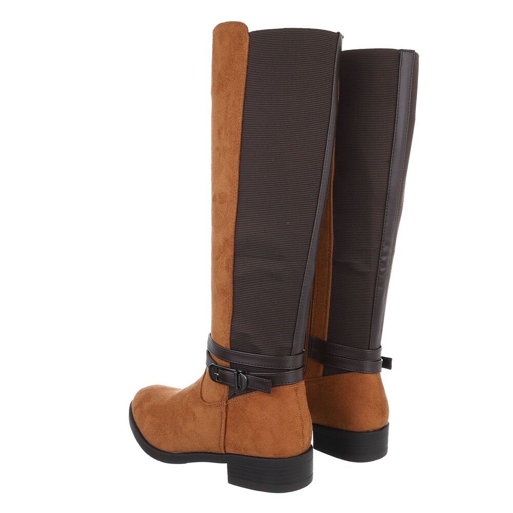 Ital-Design Damen Freizeit Stiefel Blockabsatz Flache Stiefel in Camel