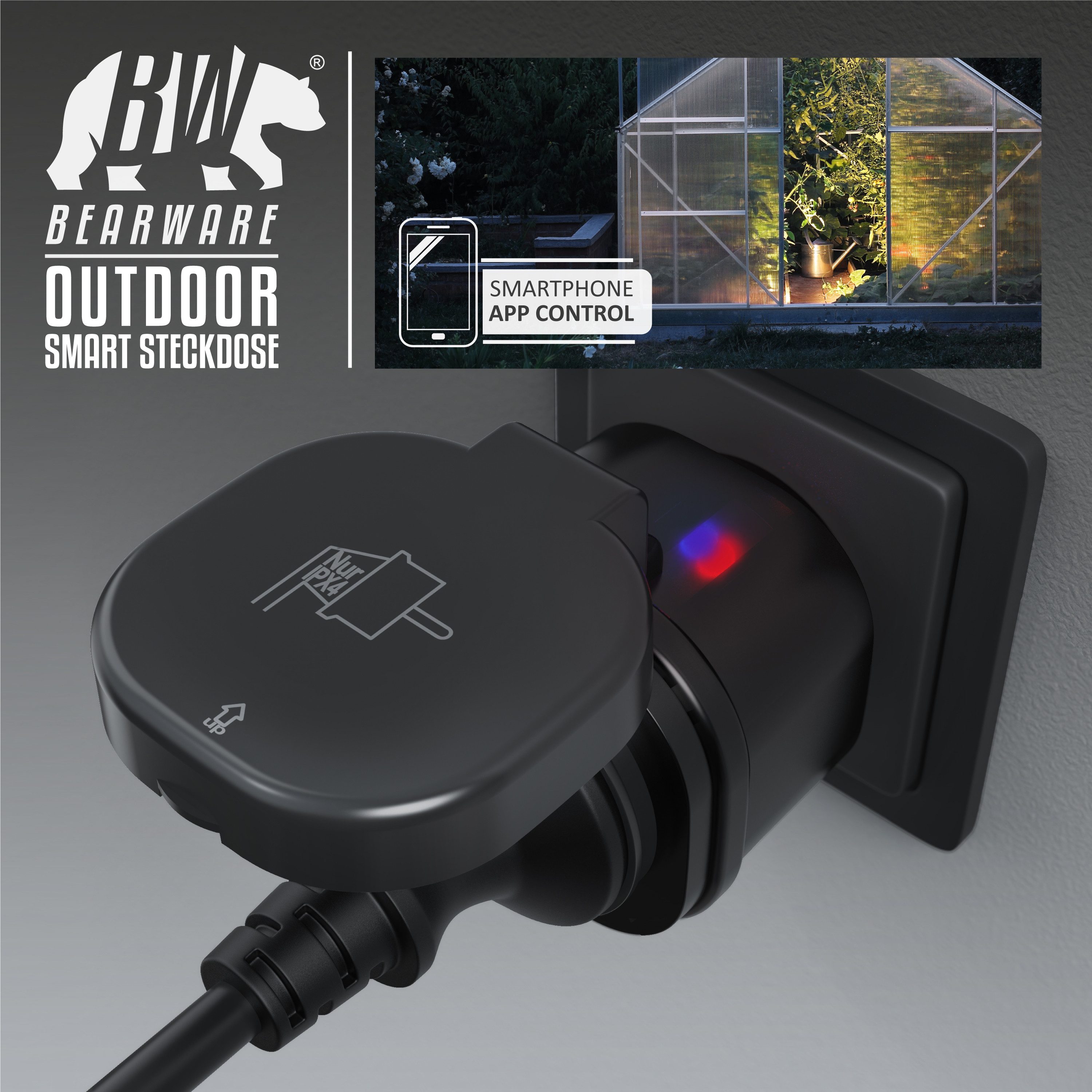BEARWARE WLAN-Steckdose, max. 3000 W, 4-St., Wifi Outdoor Steckdose 2,4 Ghz, Steuerung per App Smart Life / IP44